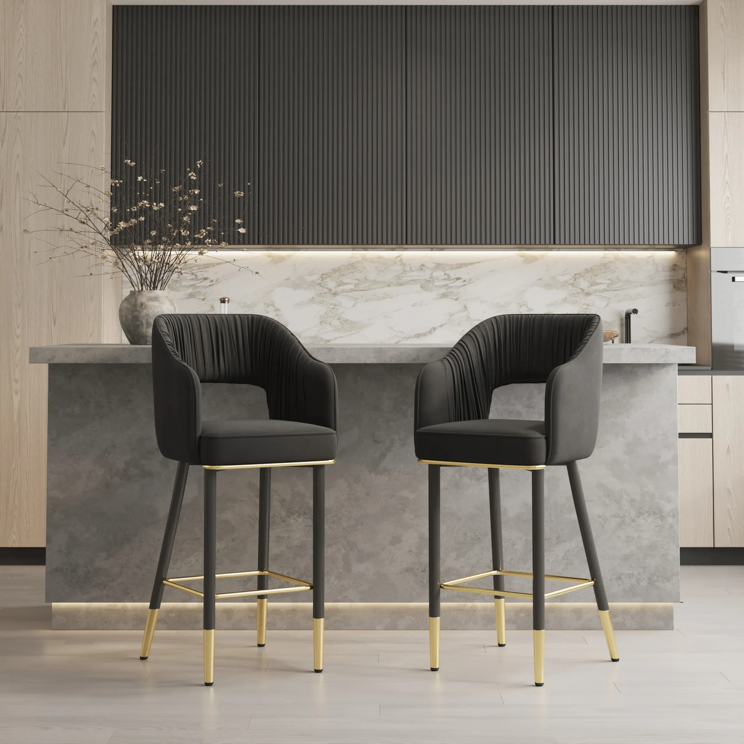 Bar Stool with Low Back and Footrest - Black, Velvet product