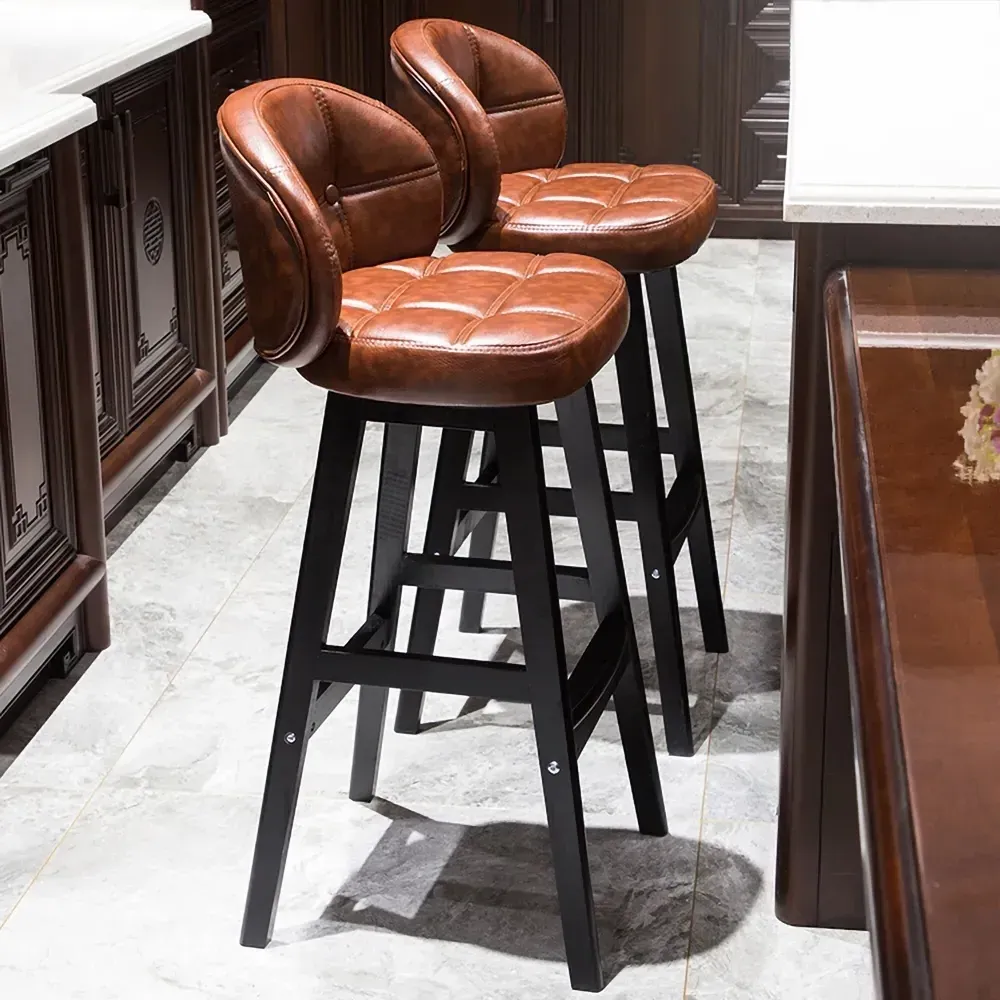 Bar Stools Set of 2 Tufted Curved Back - Brown, PU Leather product