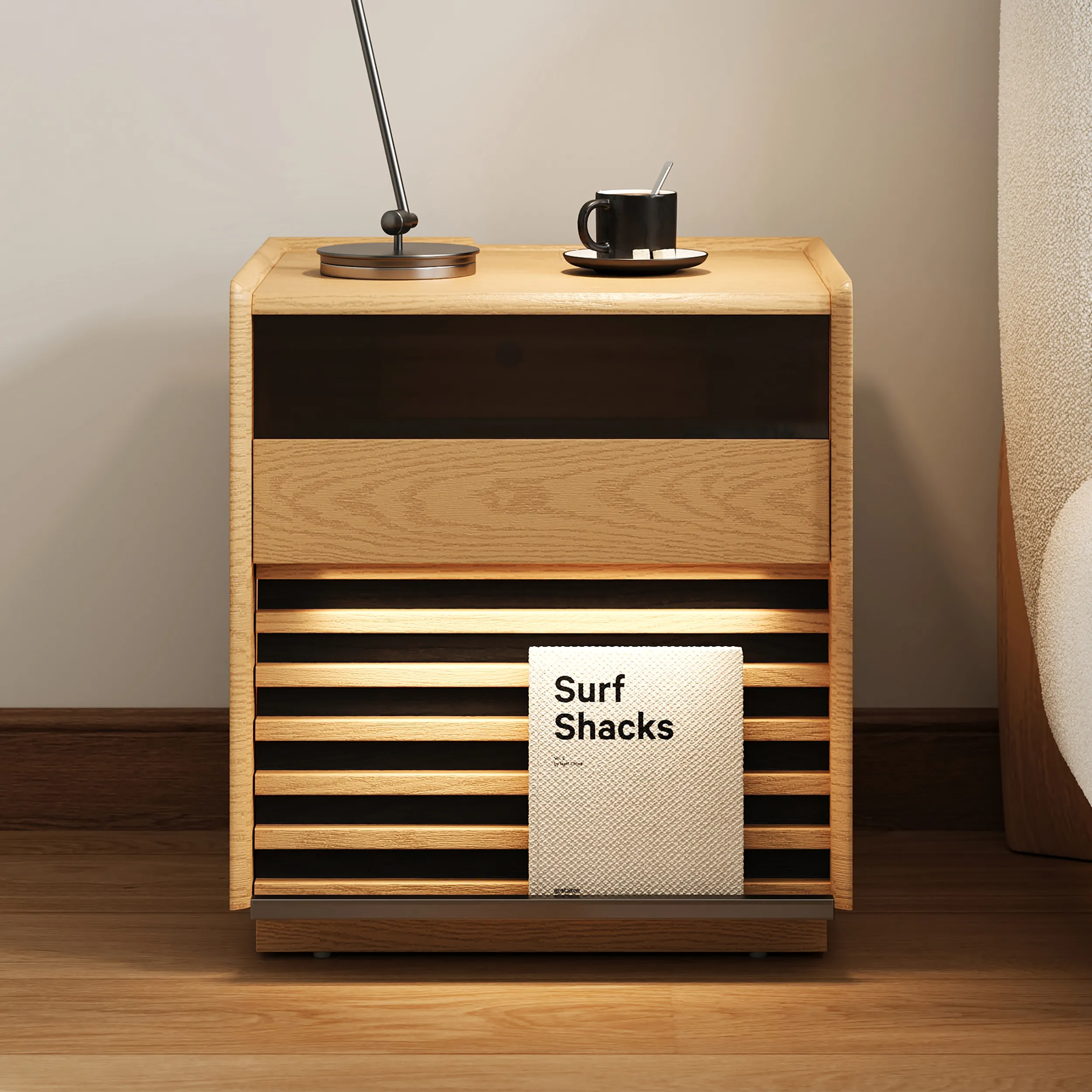 Bedside Table with 2 Drawers and Built-In Lighting - Natural product