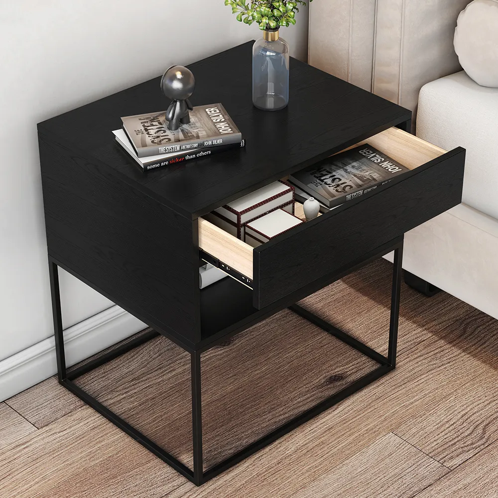 Bedside Table with Drawer and Open Shelf - Black, Metal product