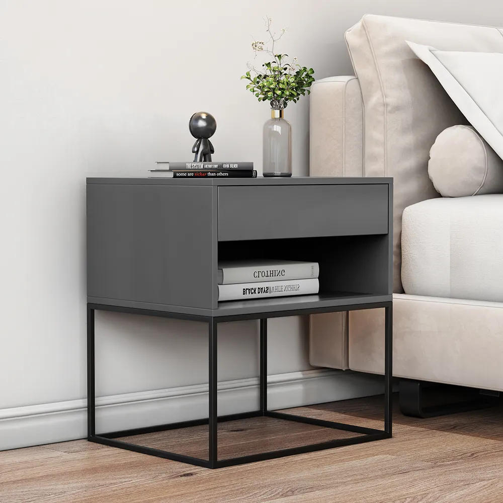 Bedside Table with Drawer and Shelf - Grey, Wood & Black Metal product