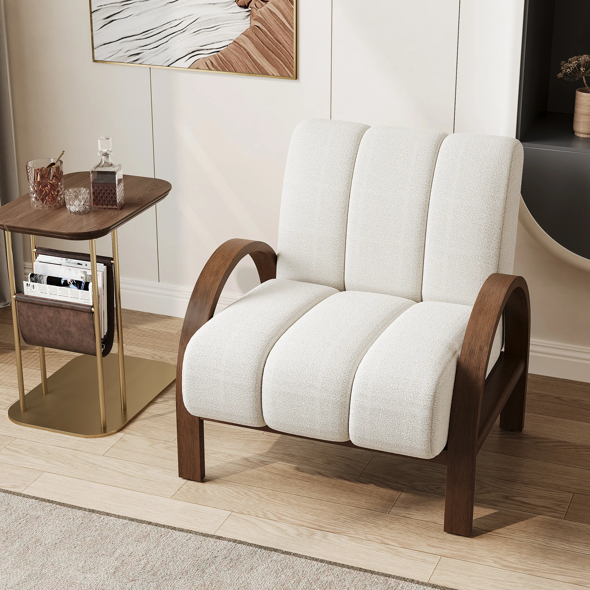 Boucle Accent Lounge Chair - White, Ash Wood product