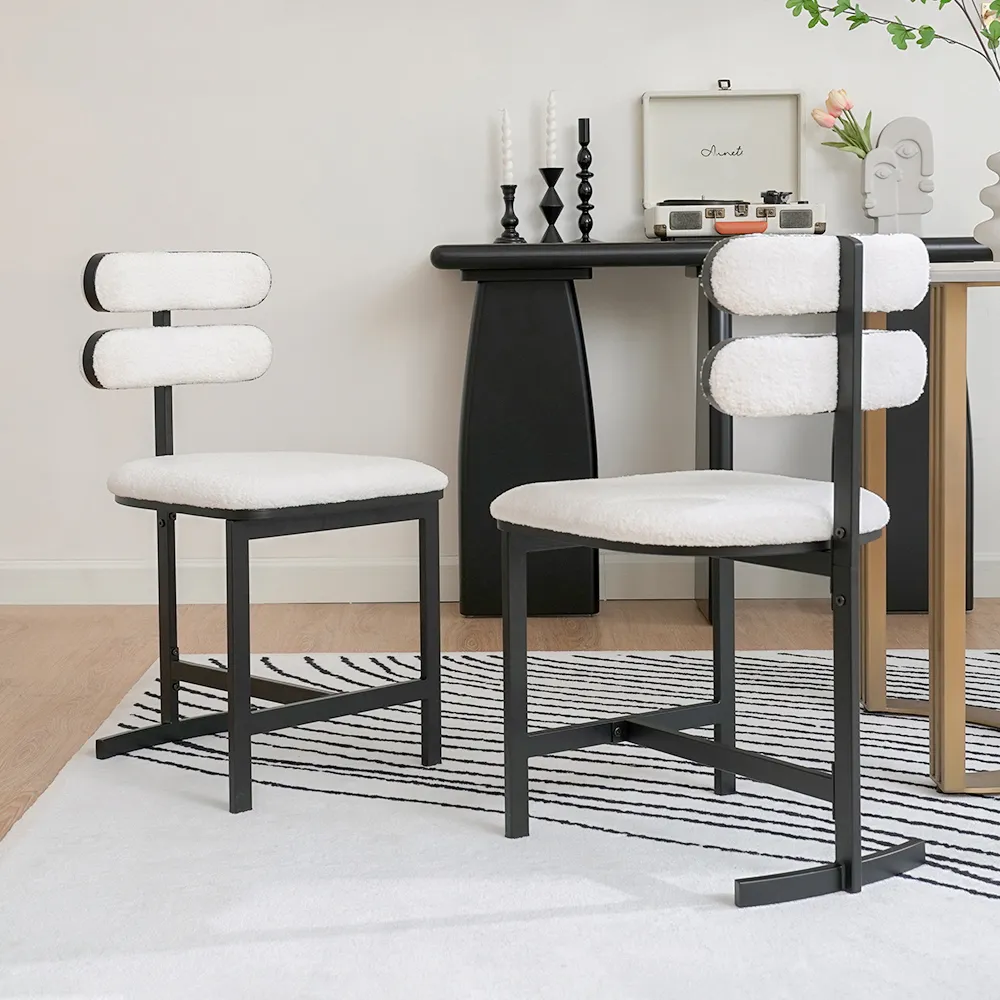 Boucle Dining Chair Set of 2 with Curved Back - White, Black Frame product
