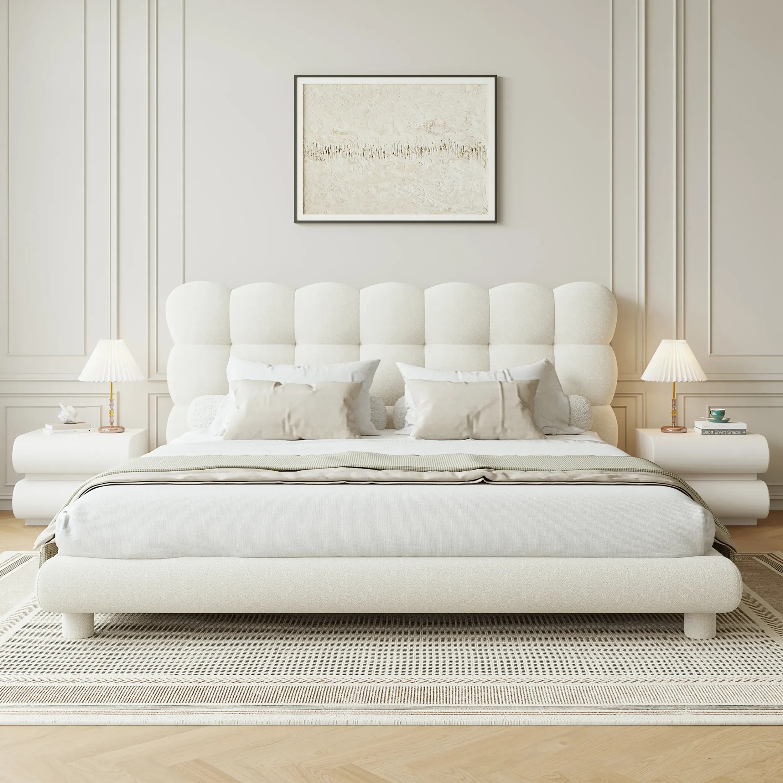 Bubble Queen Size Bed Frame Tufted Headboard - White, Boucle product