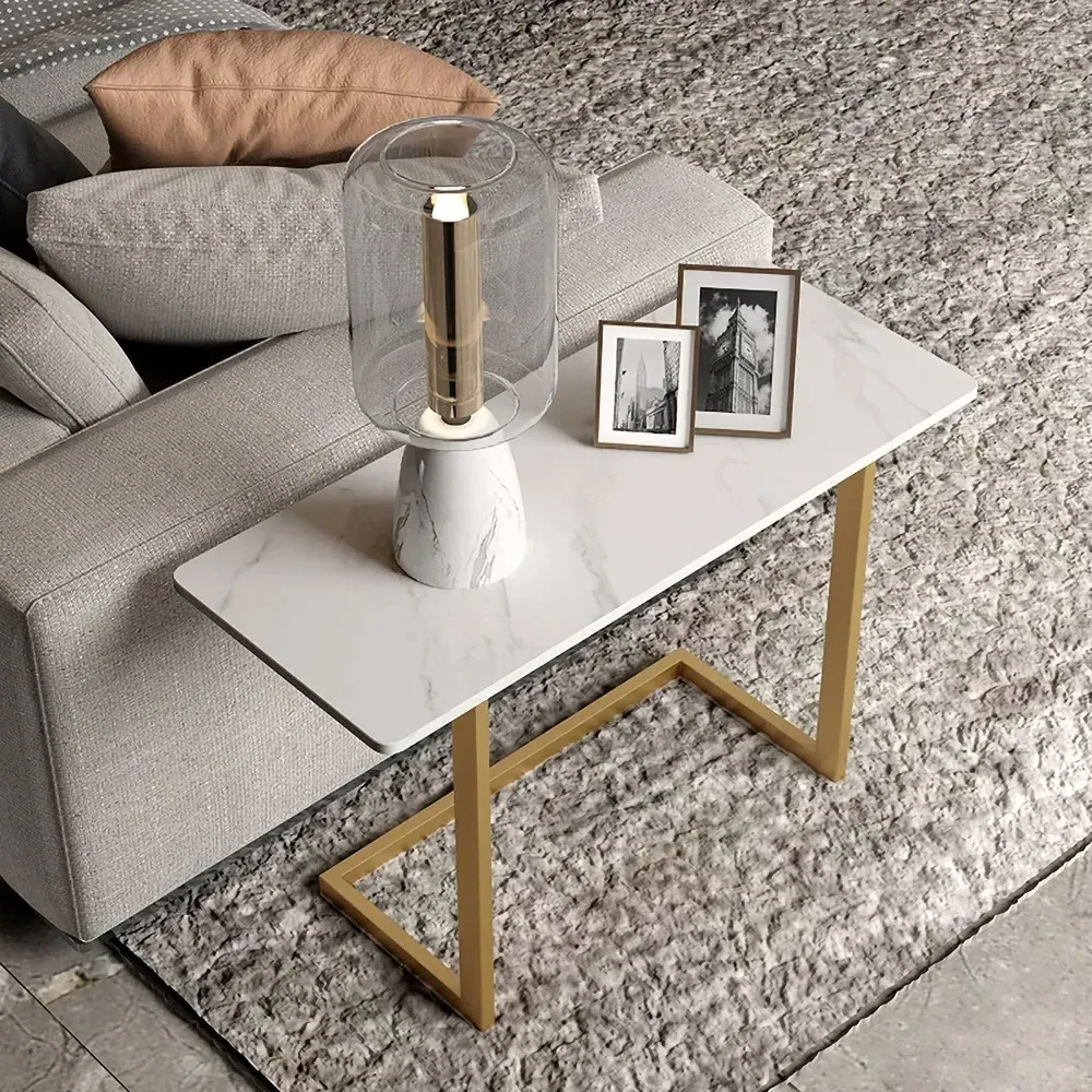 C-Shaped Rectangle Sintered Stone Side Table - White, Gold product