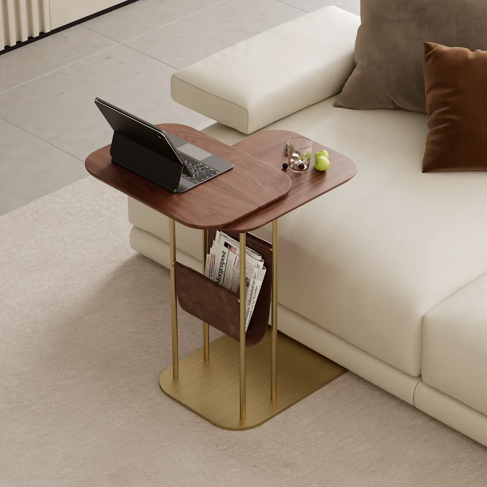 C-Shaped Rotating Side Table with Storage - Walnut, Wood product