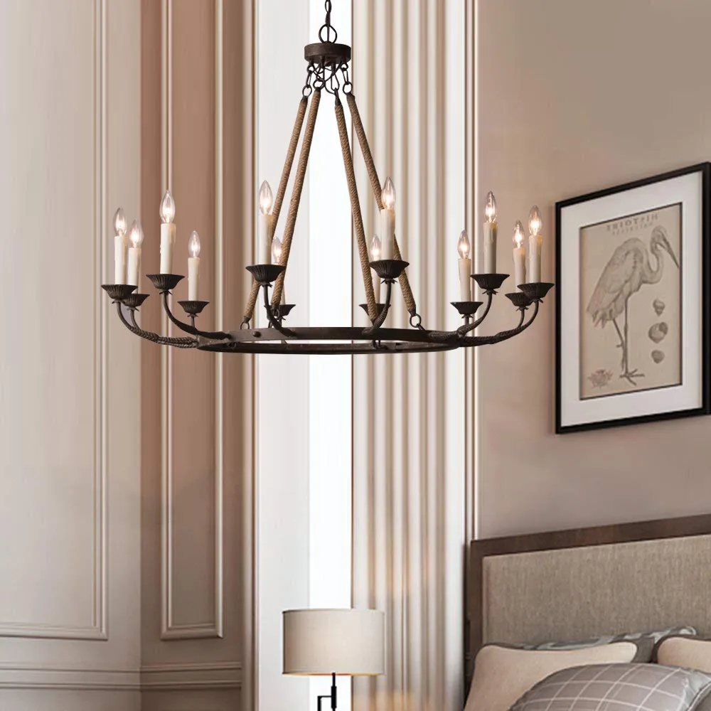 Candlely 12-Light Wagon Wheel Chandelier - Rust, Metal & Hemp Rope product
