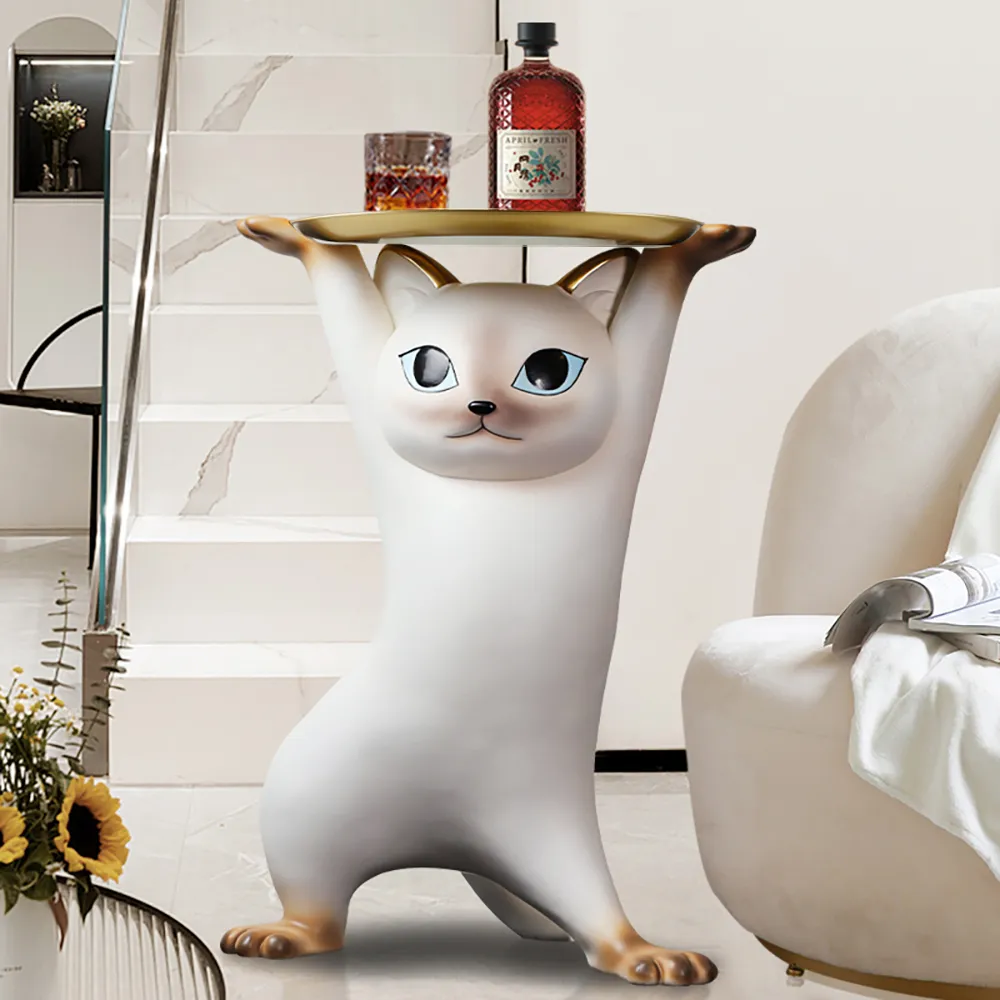 Cat Figurine End Table with Gold Tray - White, Resin product