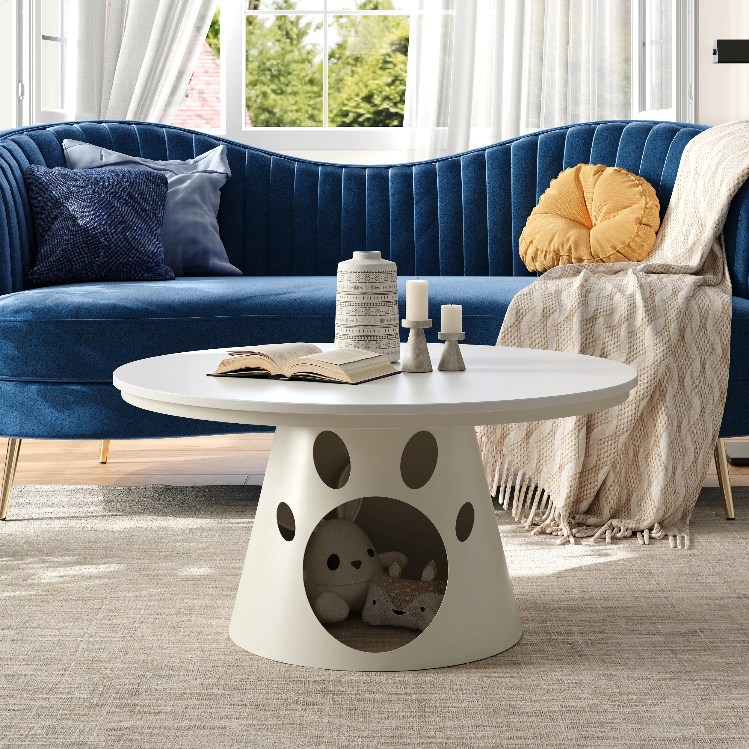 Cat Nook Round Coffee Table with Cat House - Off-White product