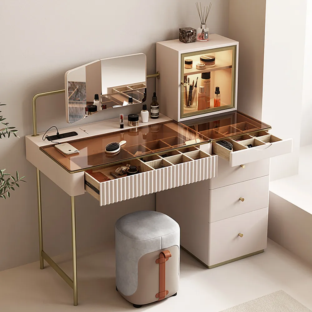 Chanor Mirrored Dressing Table with Chair & Jewellery Storage - Matte Ivory product