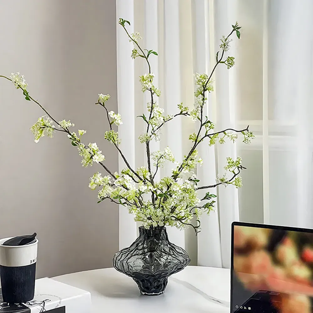 Cherry Blossom Branches Set with Abstract Vase - White, Glass product