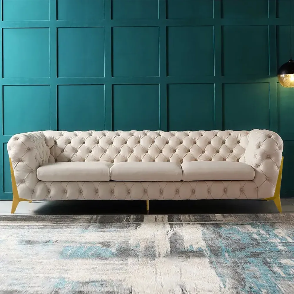 Chesterfield 3-Seater Sofa Button Tufted - Beige, Velvet product