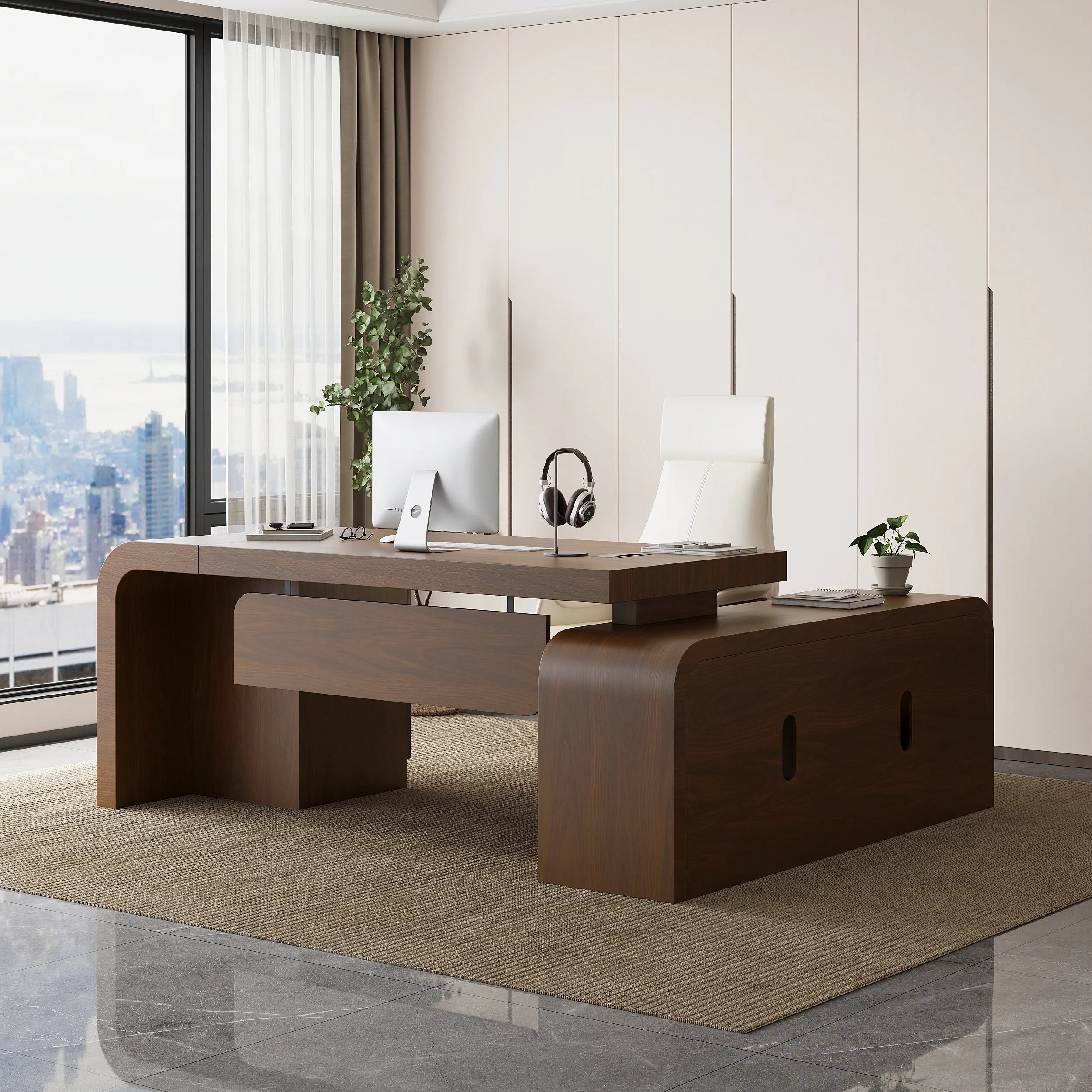 Chicent L-Shaped Computer Desk with Cabinet - Walnut, Engineered Wood product