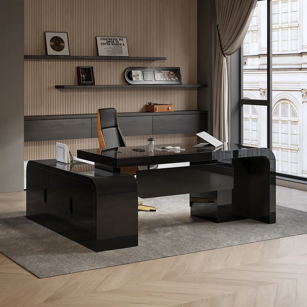 Chicent L-Shaped Executive Desk with Storage - Glossy Black, MDF product