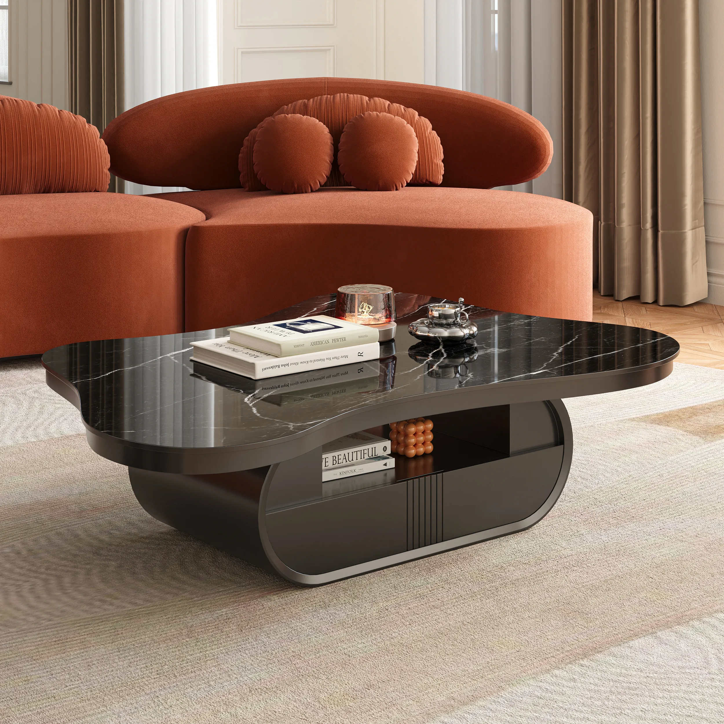 Cloud Irregular Coffee Table with Drawer Storage - Black, Sintered Stone product