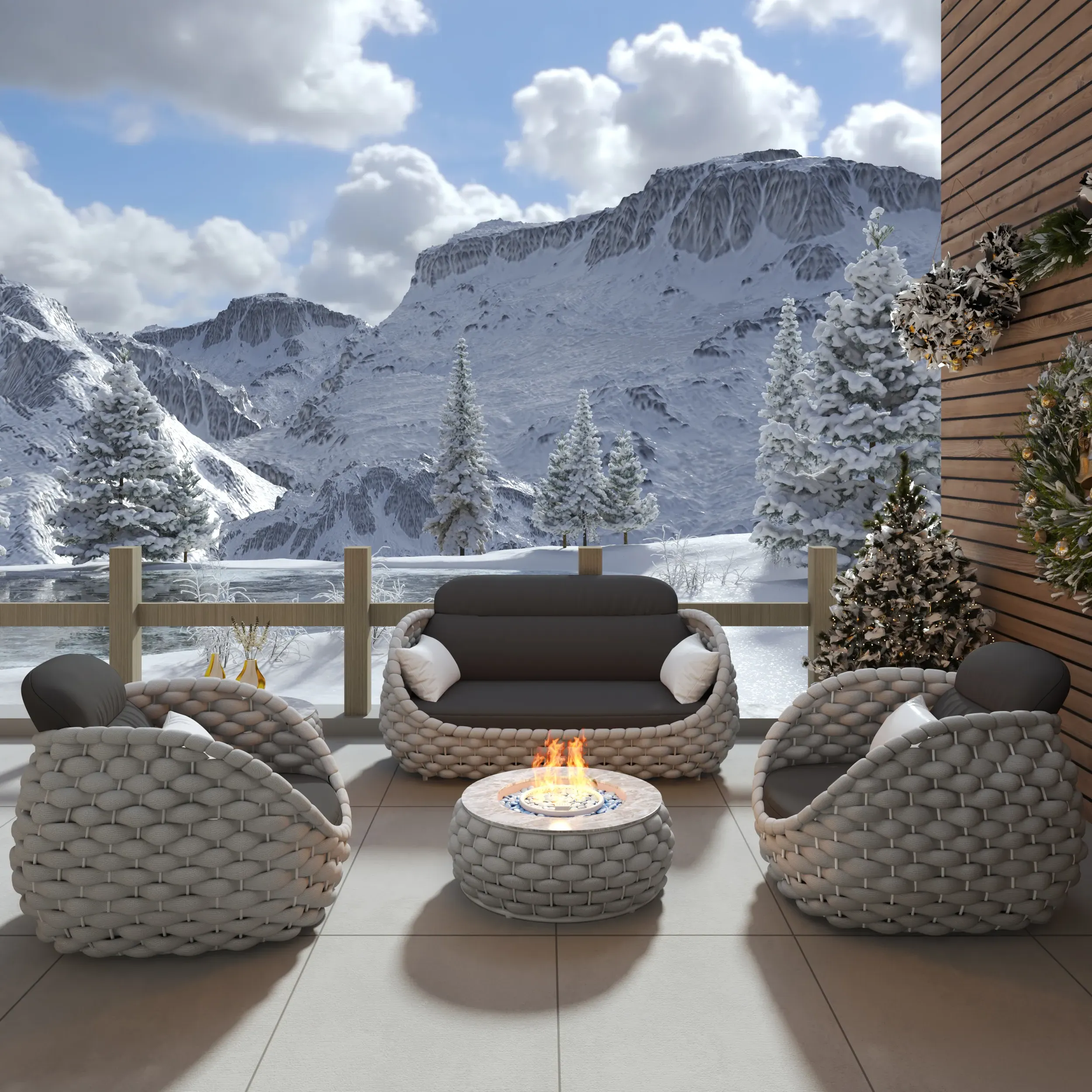 Cocaro Weave Round Fire Pit Table & Swivel Sofa Set - Grey product