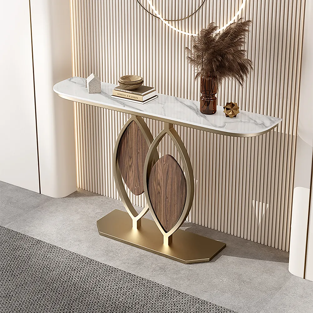 Console Table Sintered Stone Top Abstract Base - White, Rose Gold product