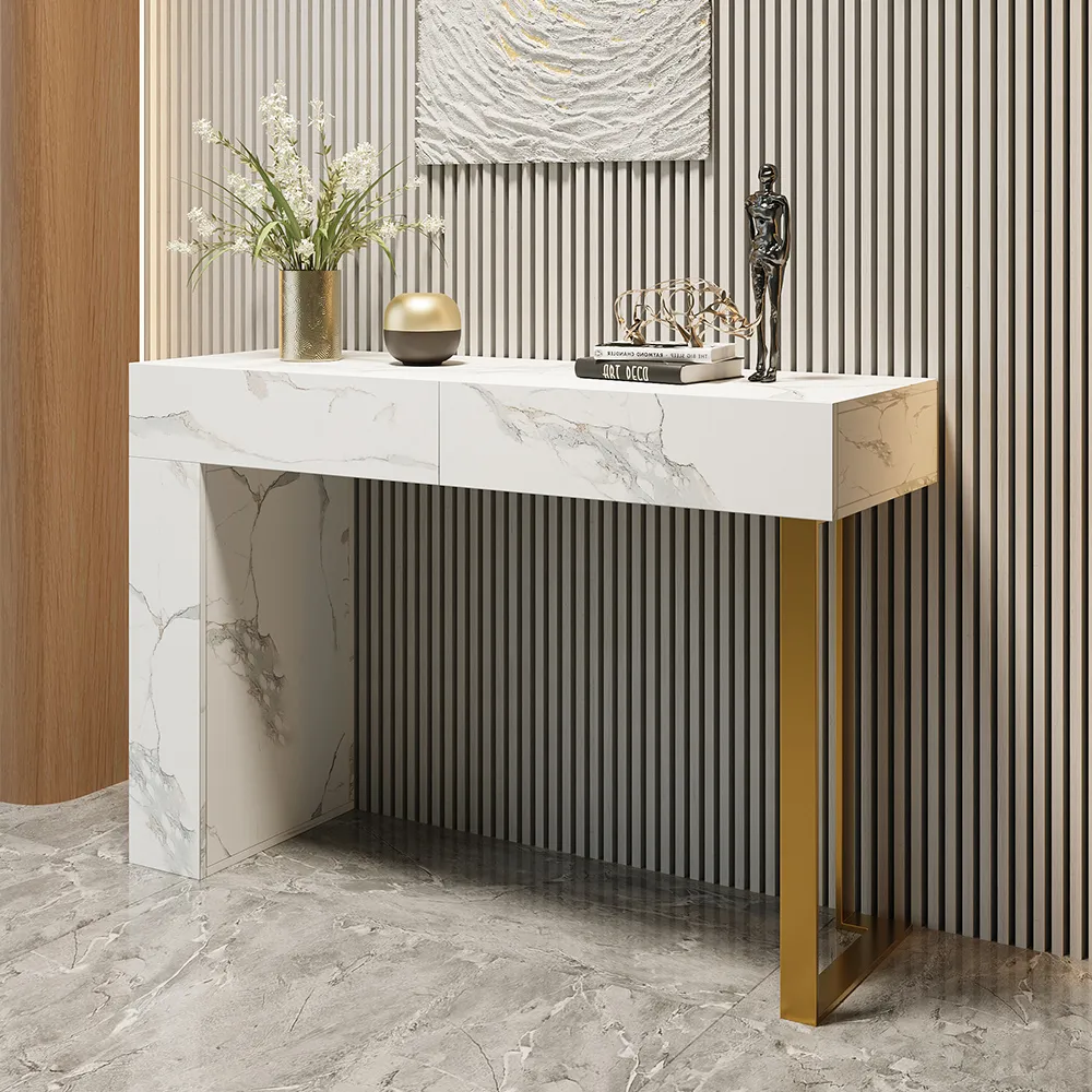 Console Table with 2 Drawers & Gold Stainless Steel Base - White, MDF product
