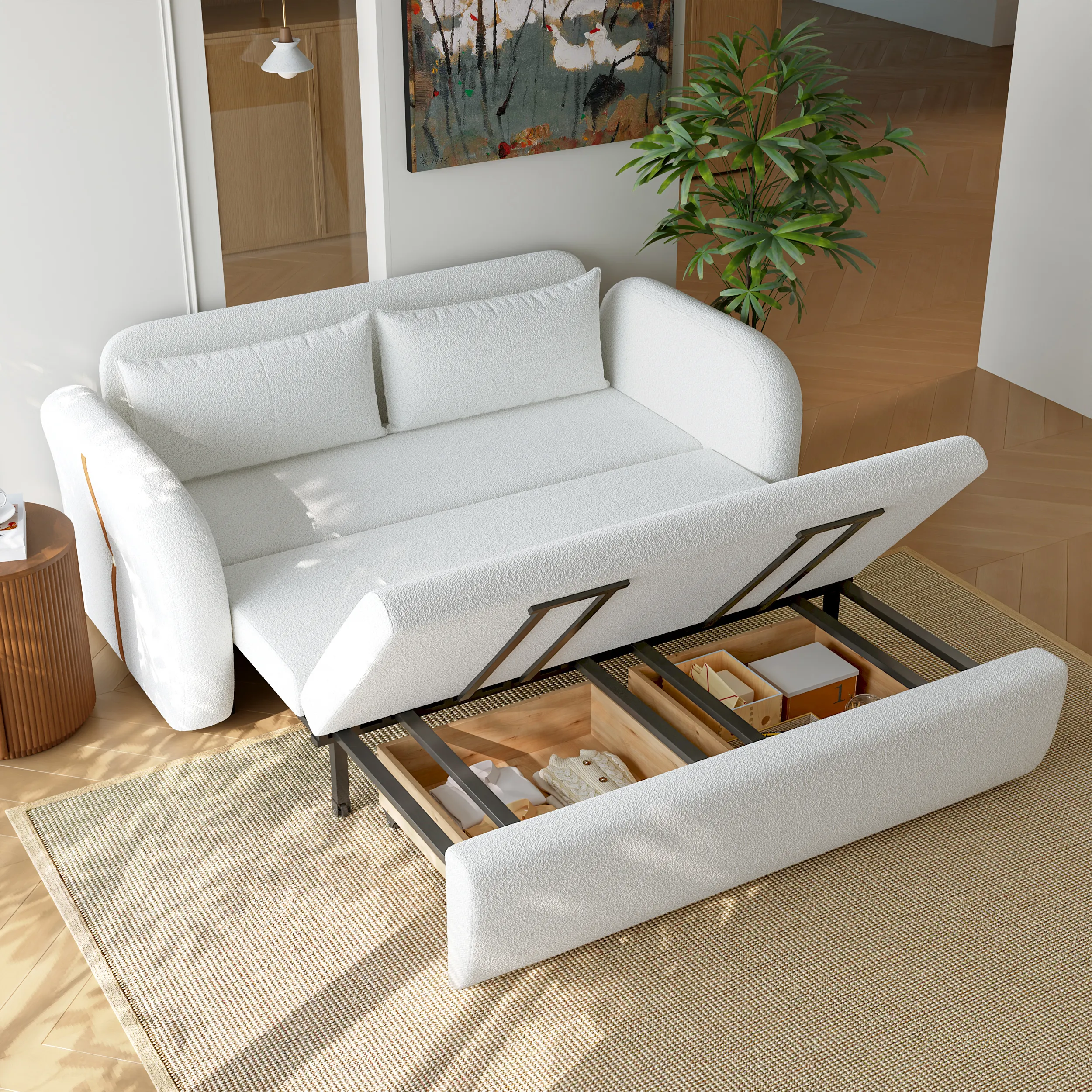 Convertible Sofa Bed with Storage Drawers - White, Bouclé product