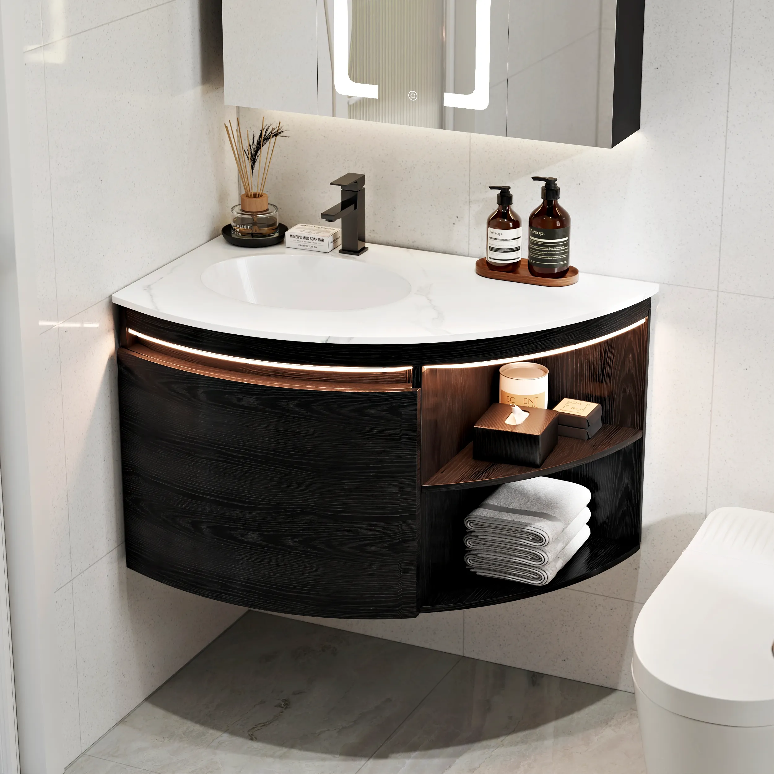 Corner Bathroom Vanity with Storage & LED Sensor Light - Black product