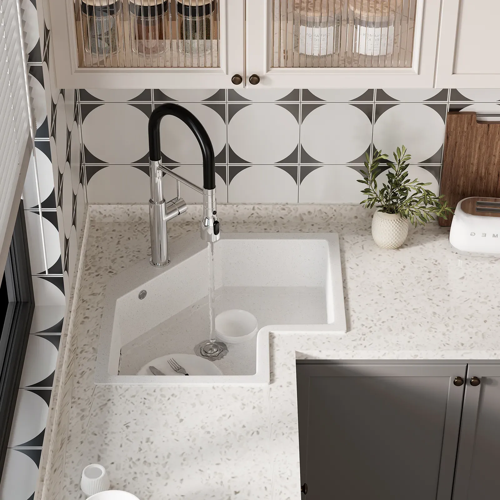 Corner Drop-In Single Bowl Kitchen Sink - White, Quartz product