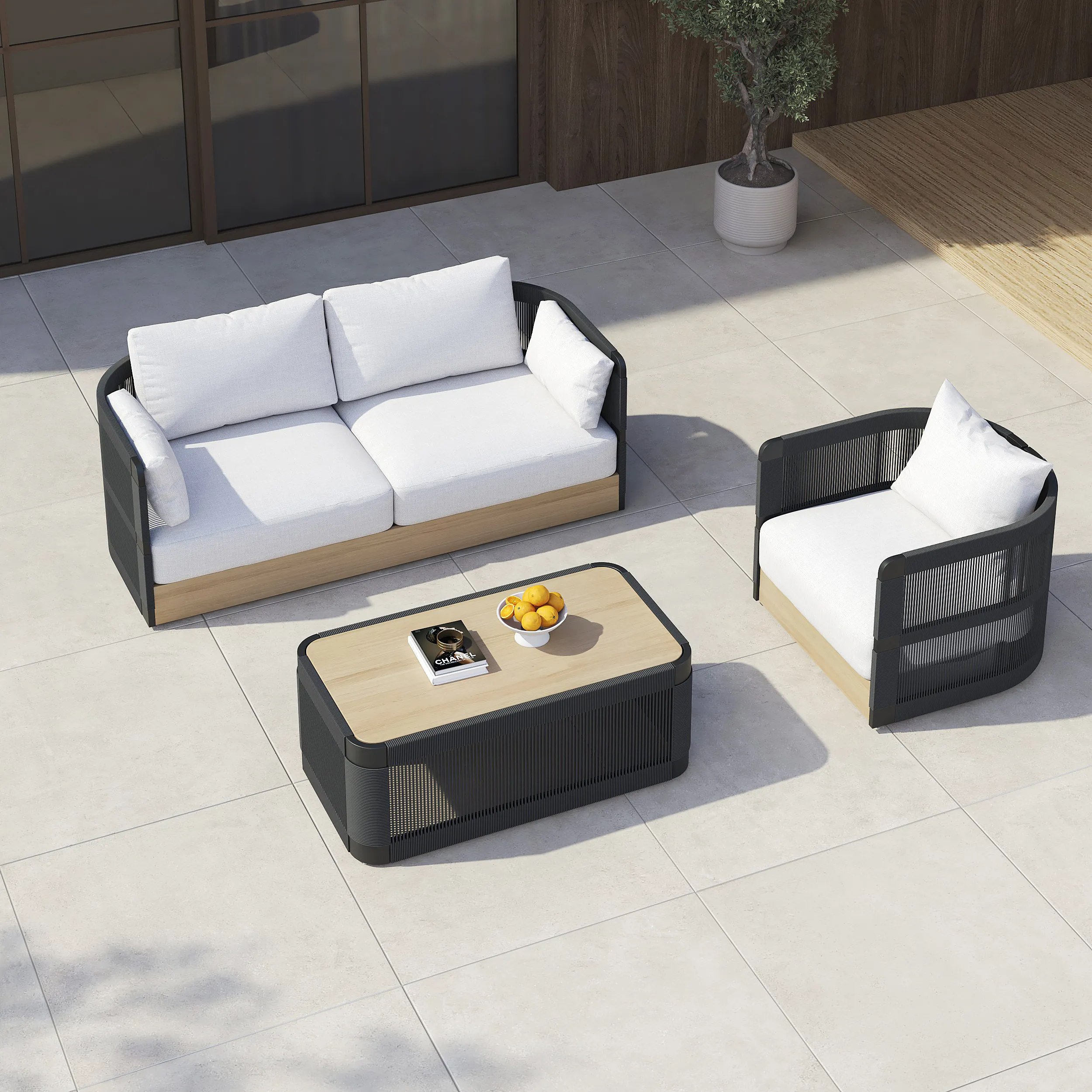 Costra 3-Piece Outdoor Swivel Sofa Set with Coffee Table - Black, Aluminium & Rope product
