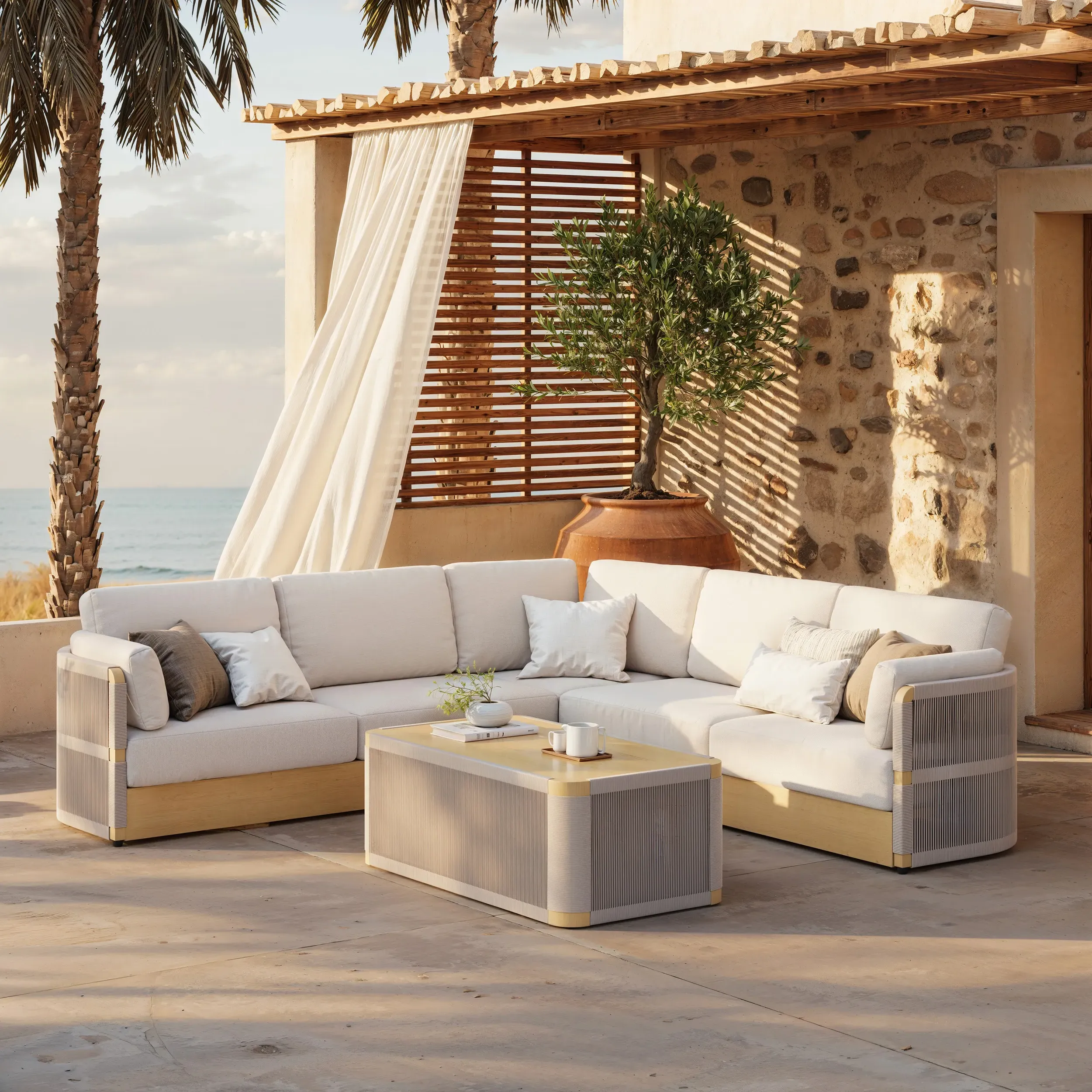 Costra L-Shaped Outdoor Sofa with Coffee Table - Ivory, Rope product