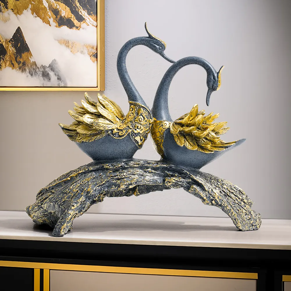 Couple Swan Sculpture Ornament - Blue, Gold, Resin product