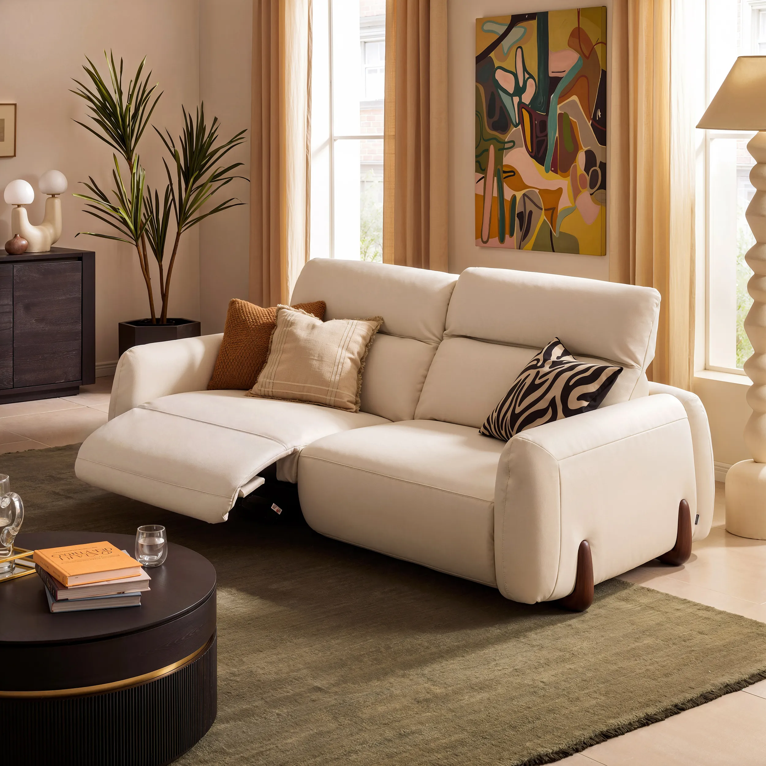 Curva 215cm Reclining Sofa with Adjustable Headrest - Warm White, Genuine Leather product