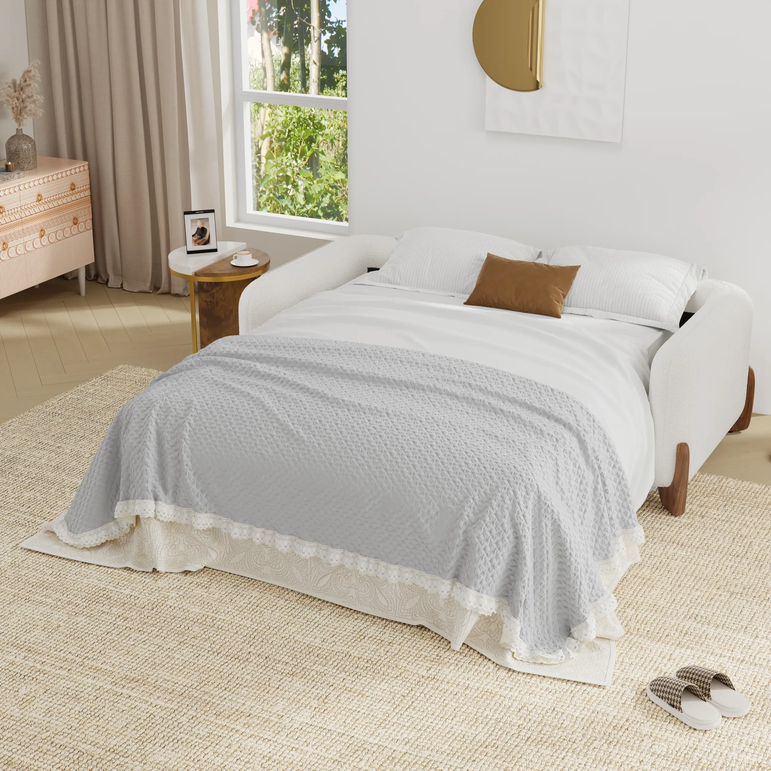 Curva Queen Size Pull Out Sleeper Sofa Bed - White, Boucle product