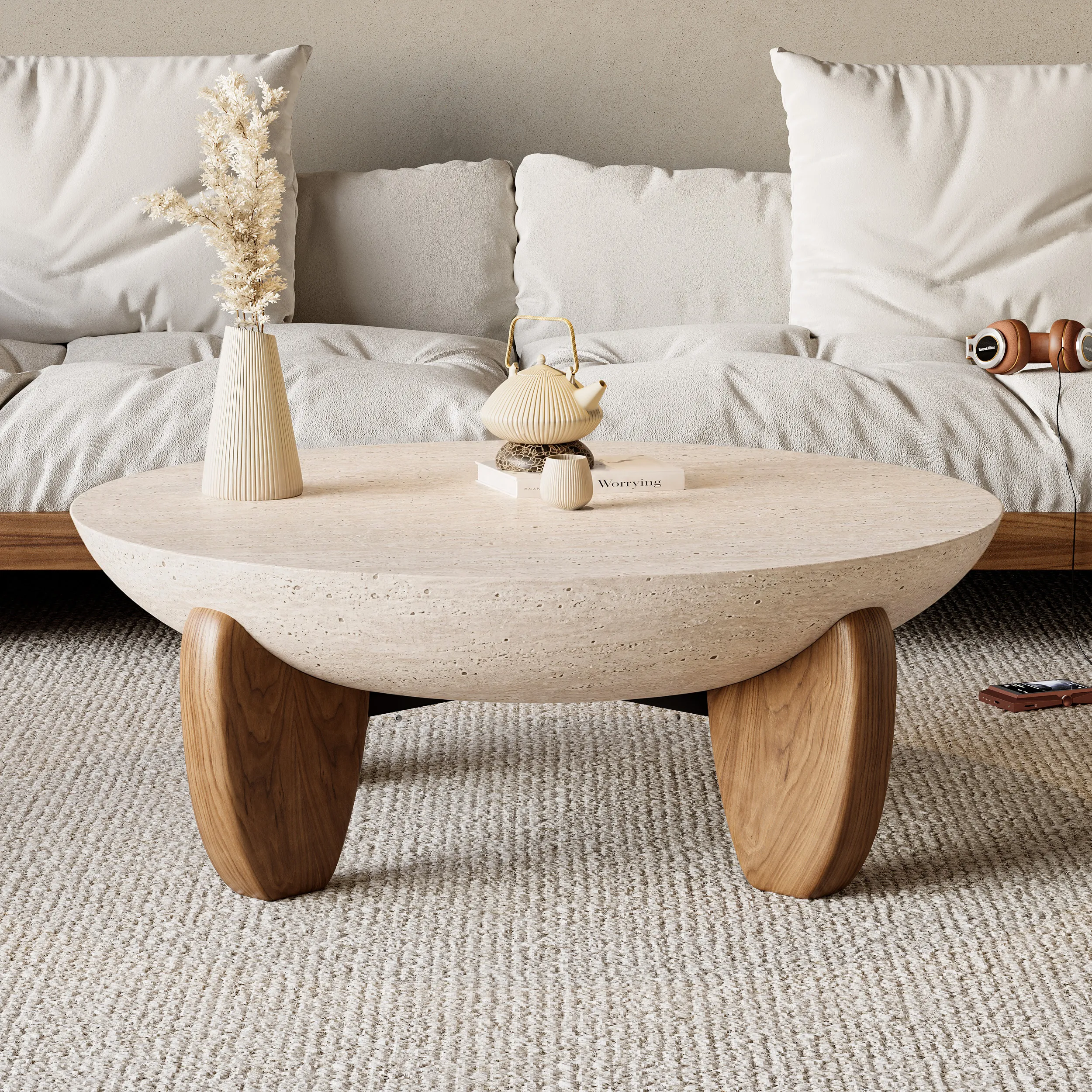 Curva Round Coffee Table with Wood Legs - Travertine, Ash Wood product