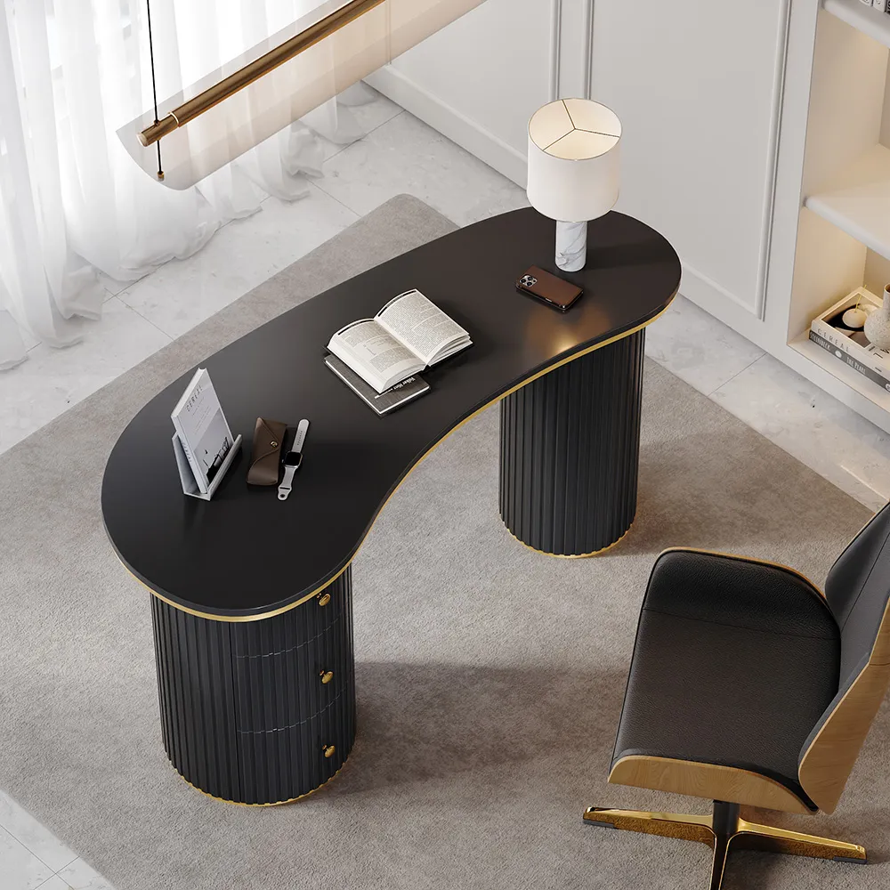 Curved Desk with 3 Drawers Double Pedestal - Matte Black, Engineered Wood product