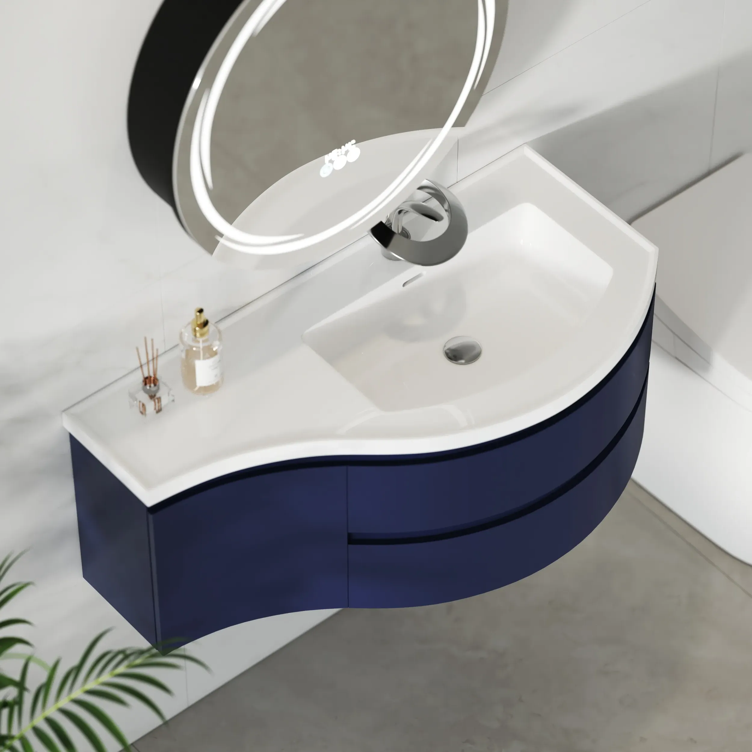 Curved Floating Bathroom Vanity with Sink & Storage - Navy, Stone Resin product
