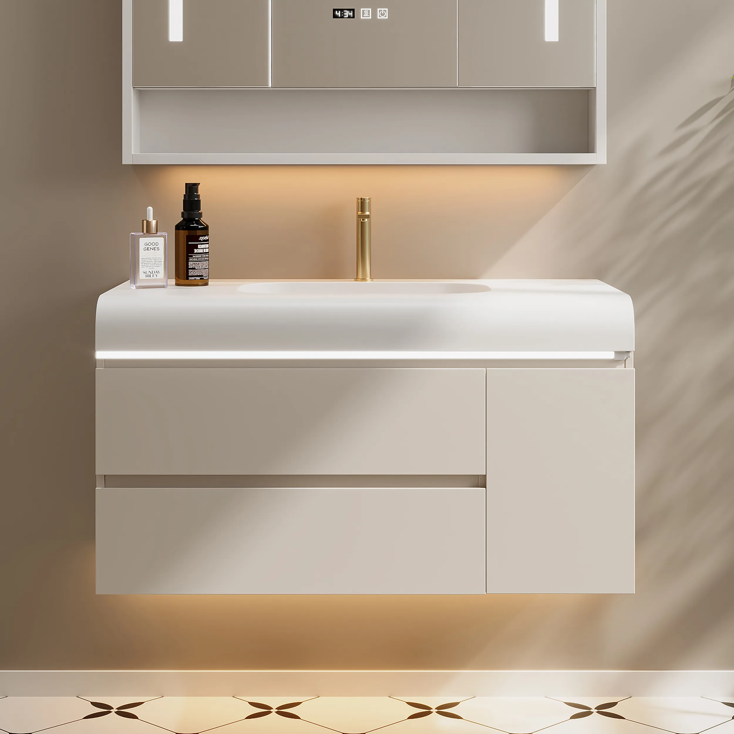 Curved Wall Mounted Bathroom Vanity with Light - White product
