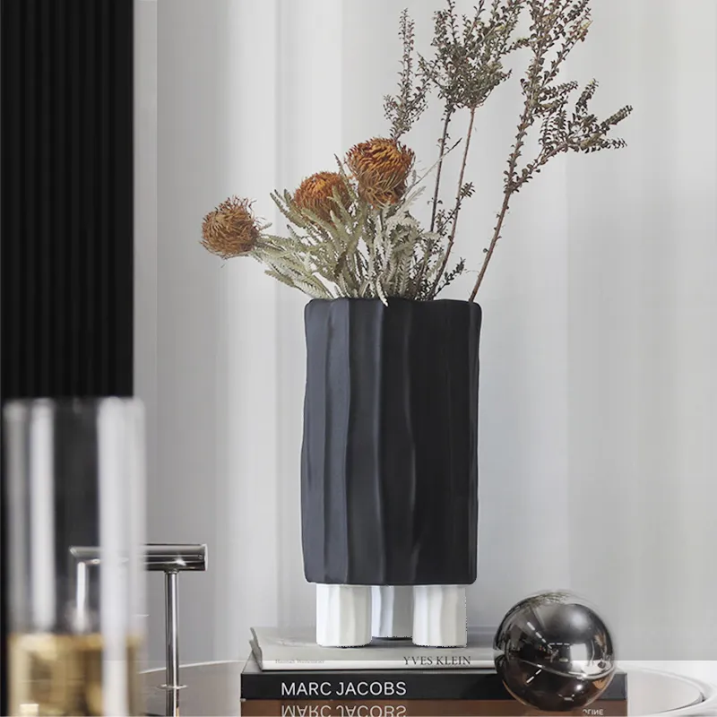 Cylinder Resin Flower Vase with Vertical Stripes - Black, White product