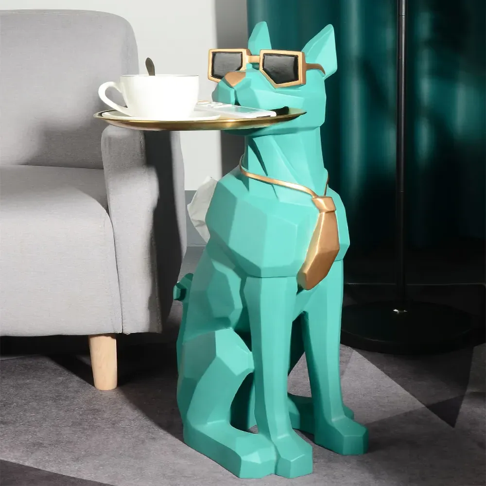 Dog Sculpture Side Table with Tray Top & Tissue Box - Green, Resin product