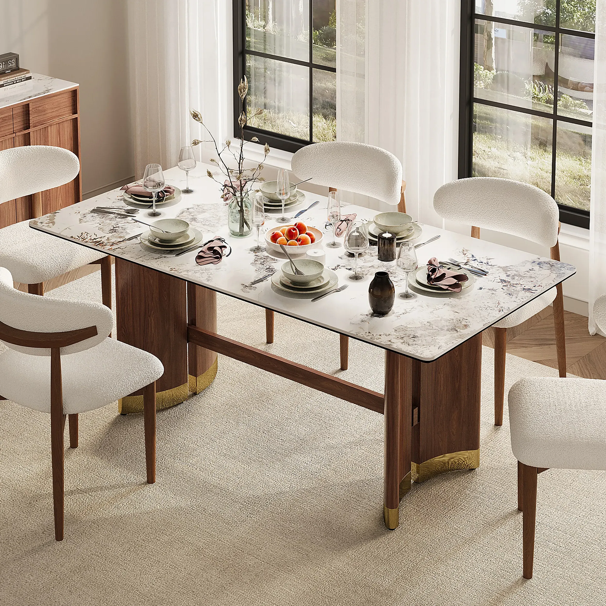 Double Pedestal Rectangular Dining Table - White, Sintered Stone product