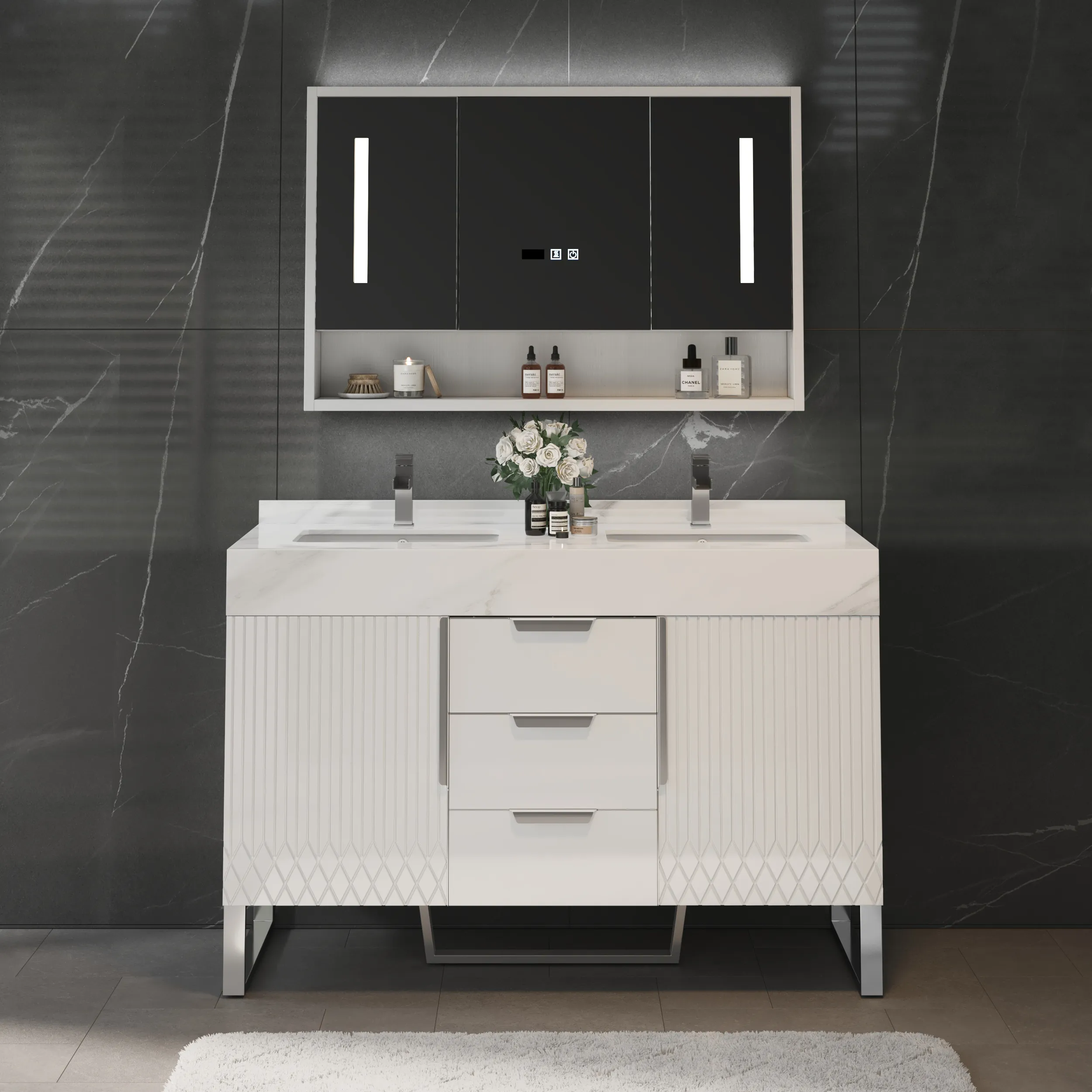 Double Sink Freestanding Bathroom Vanity with Storage - White, Marble product