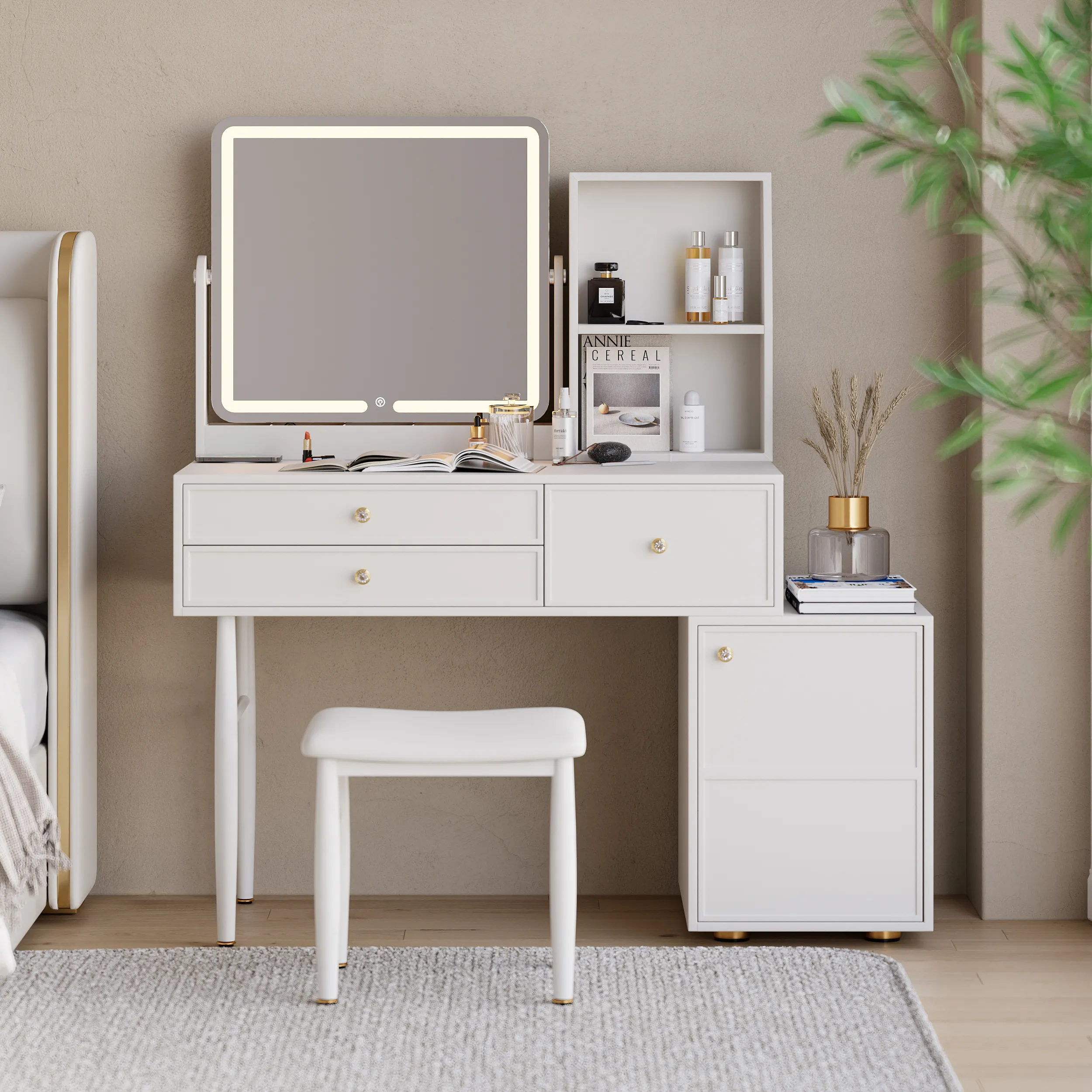 Dressing Table with Stool, LED Mirror & Charger - White, Faux Leather product
