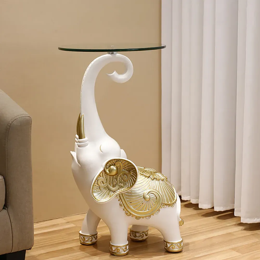 Elephant Side Table with Glass Tray Top - White, Resin product
