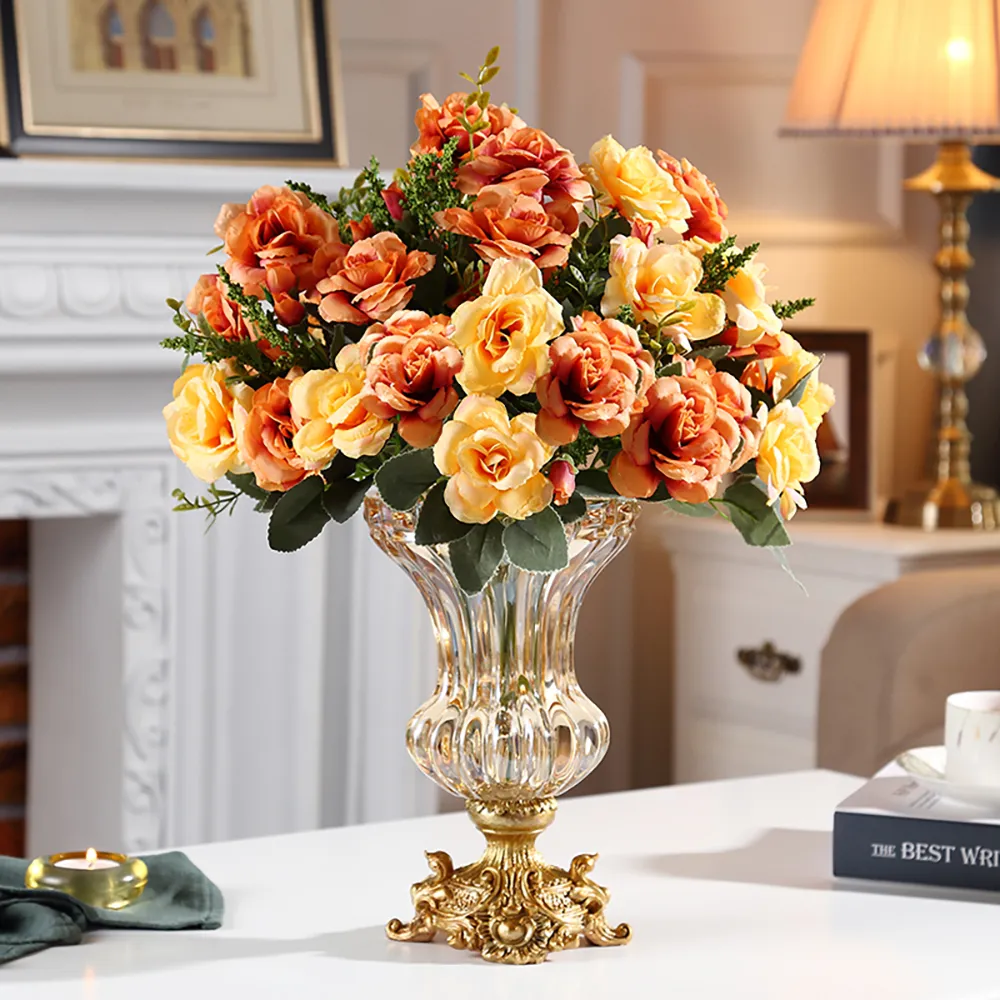 European Crystal Glass Carved Vase with Artificial Flowers - Orange product
