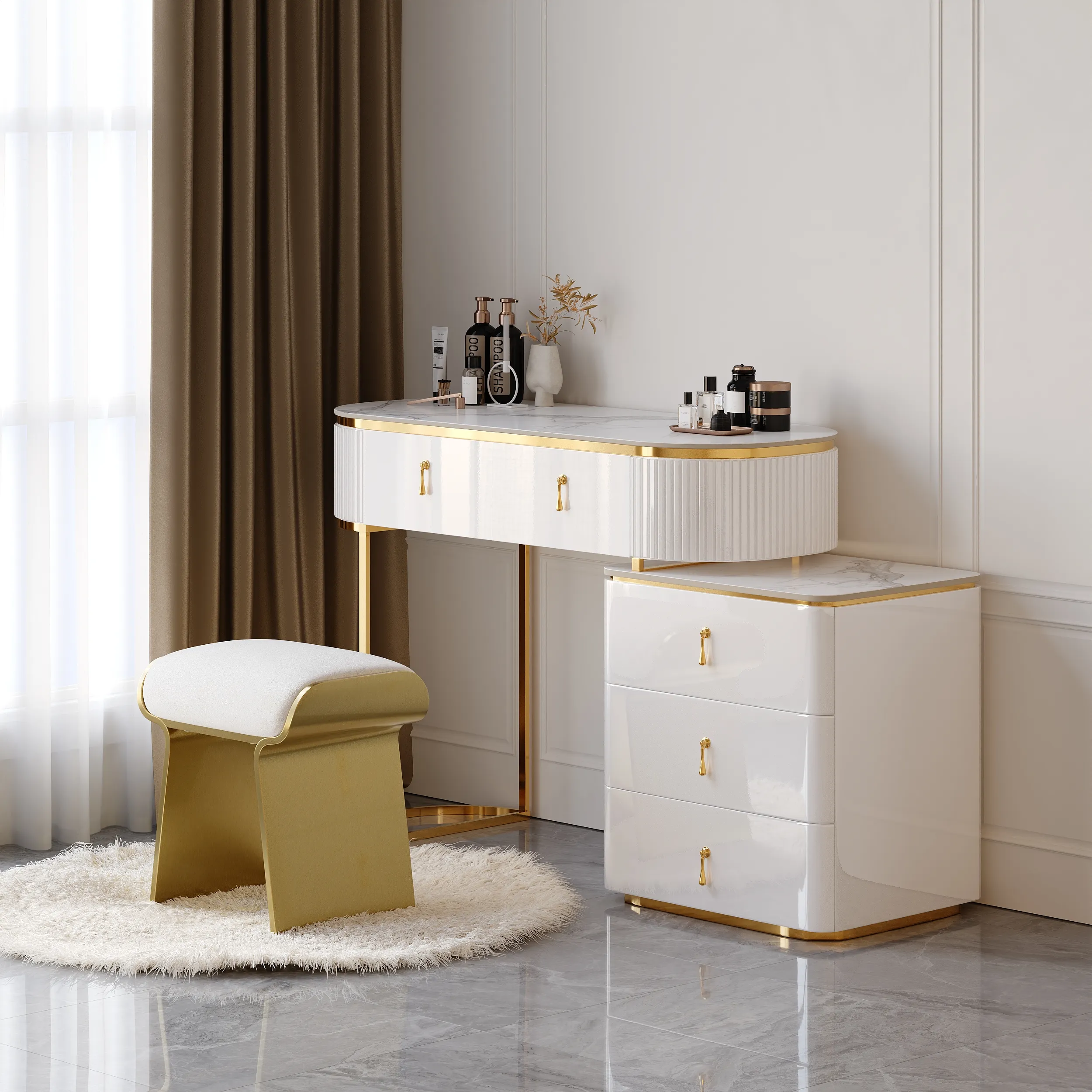 Extendable 5-Drawer Dressing Table with Side Cabinet - White product