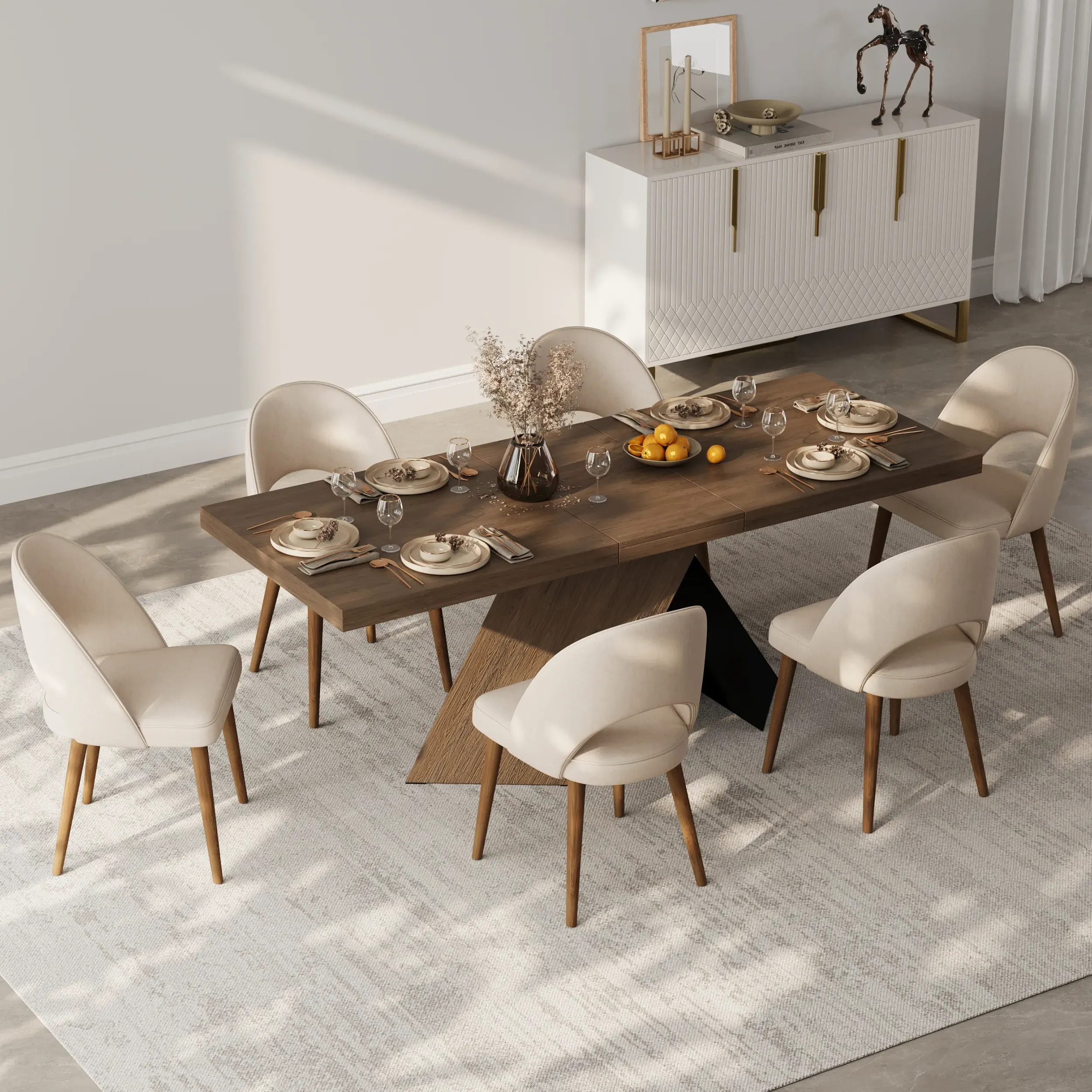Extendable Dining Table & 6 Chairs Set - Walnut, Solid Wood product