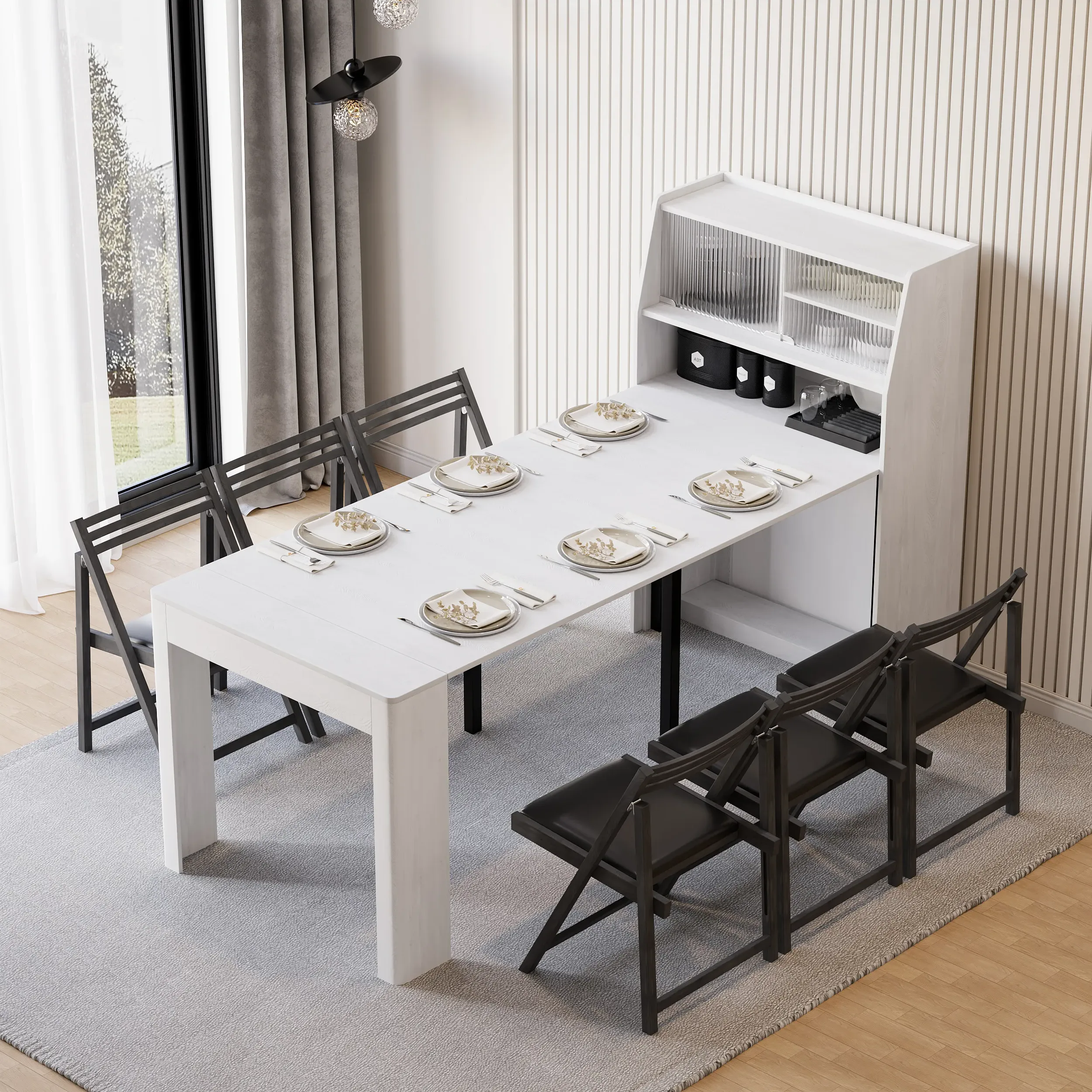 Extendable Dining Table Sideboard with Glass Door Storage - White product