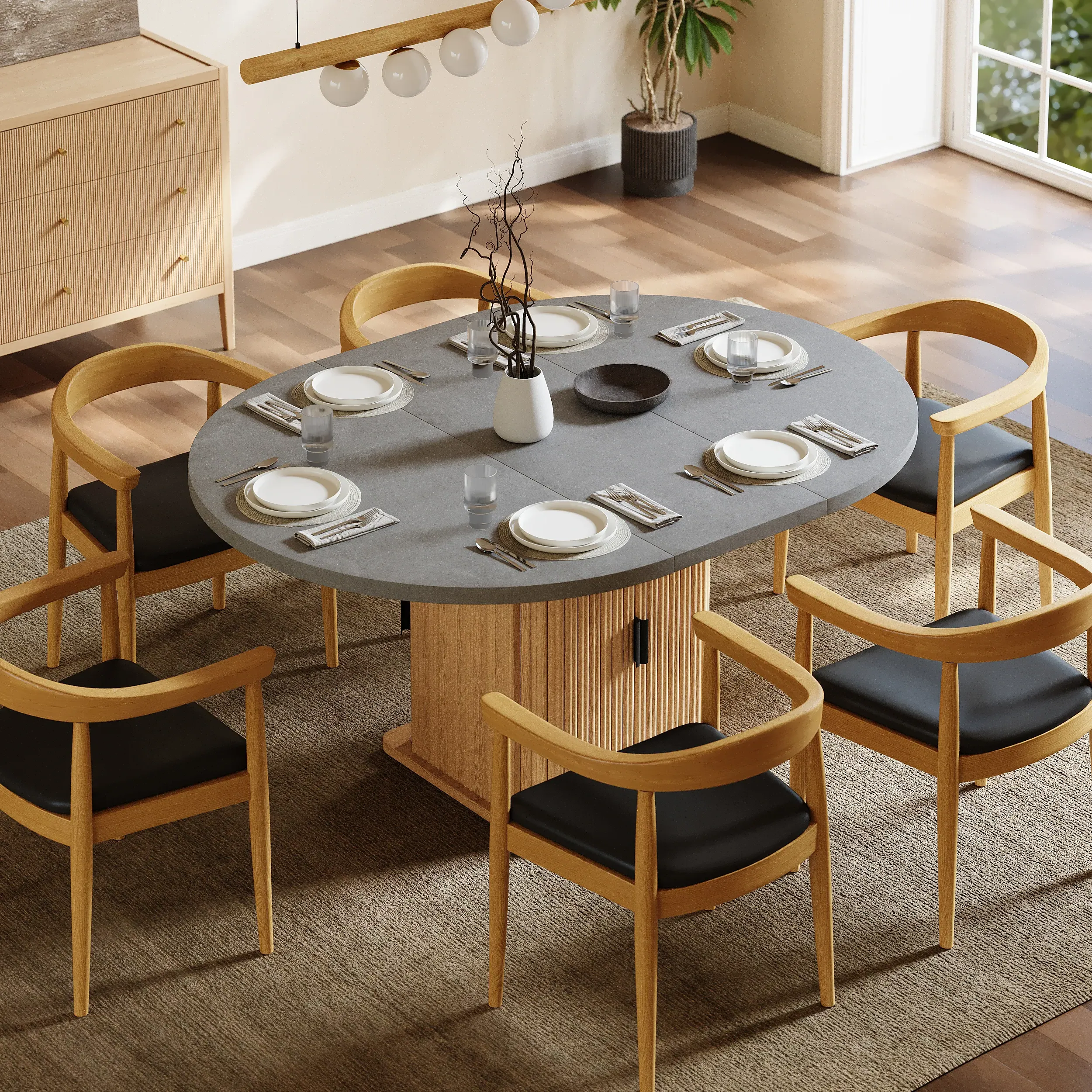 Extendable Dining Table with Fluted Base with Storage - Concrete Grey product