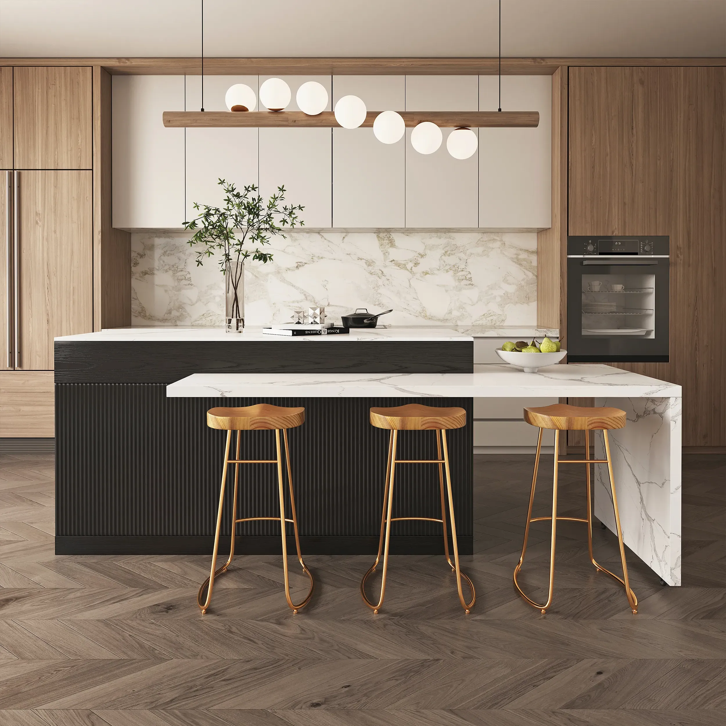 Extendable Kitchen Island with Doors & Drawers - White & Black, Marble Veneer product