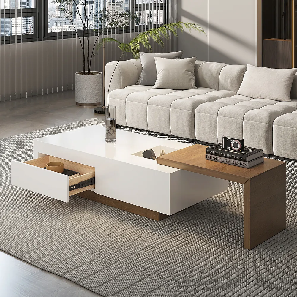 Extendable Rectangle Coffee Table with Drawer & Sliding Storage - White, Walnut product