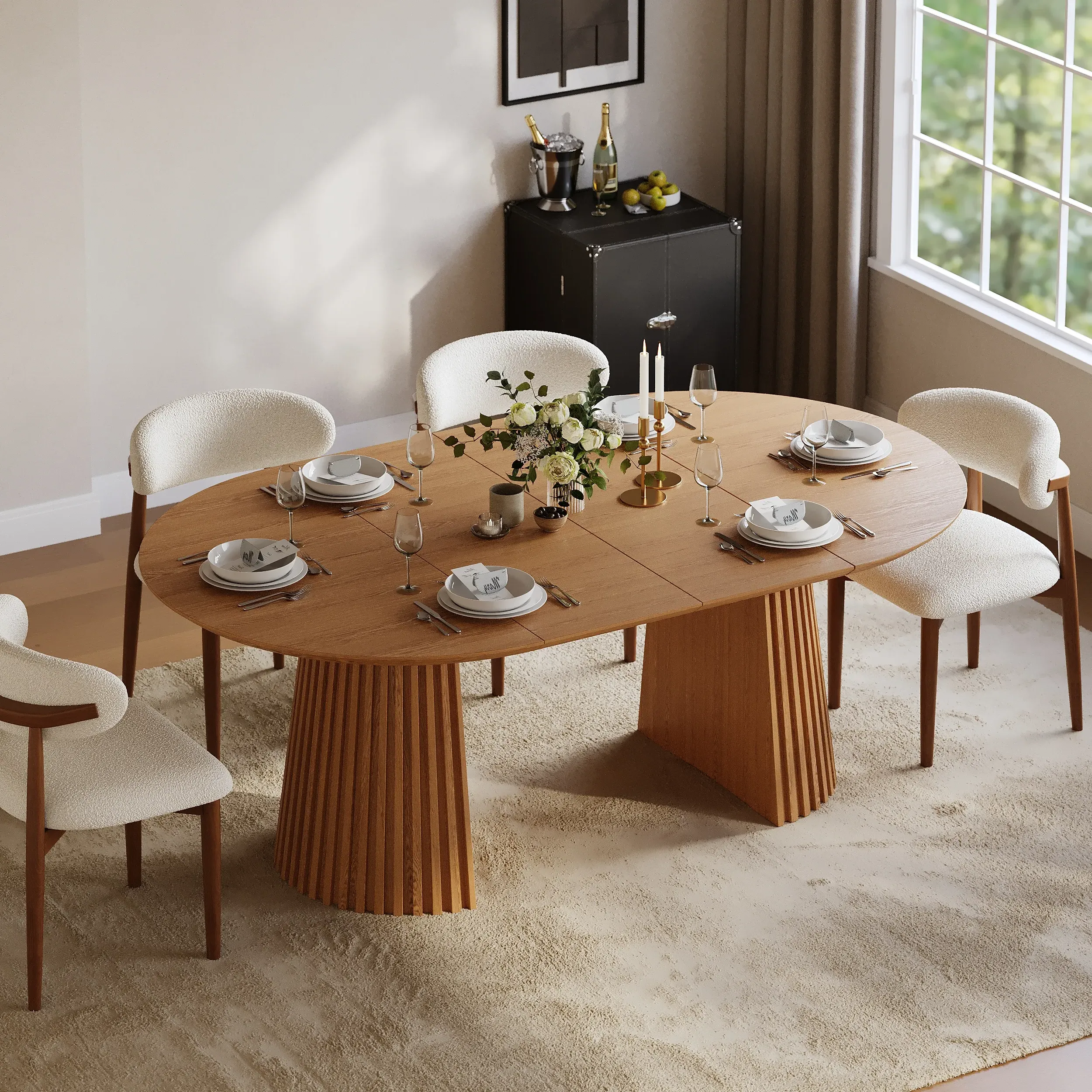 Extendable Round-to-Oval Dining Table with Fluted Base - Natural, Oak product