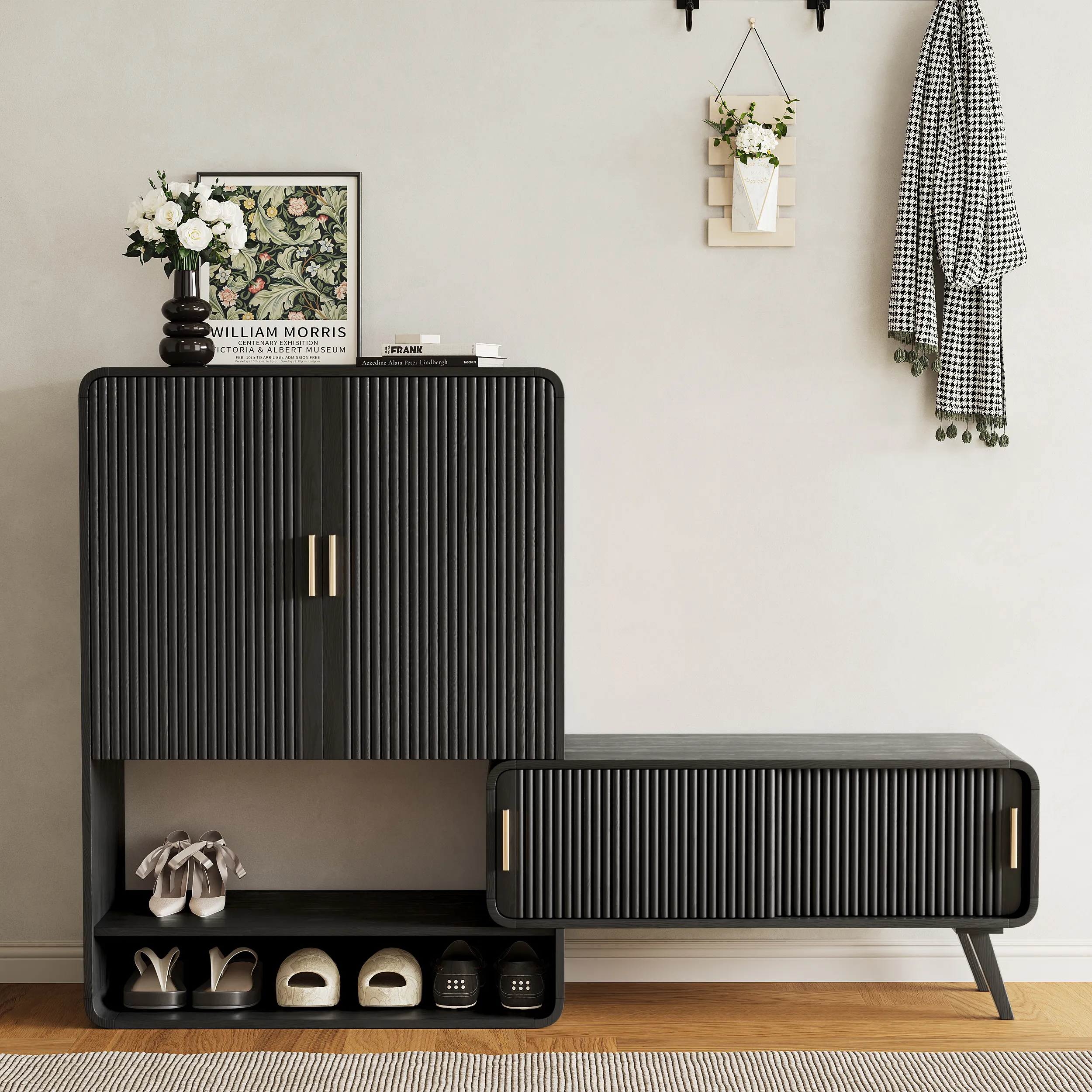 Extendable Shoe Storage Cabinet with Bench - Black, Rubberwood product