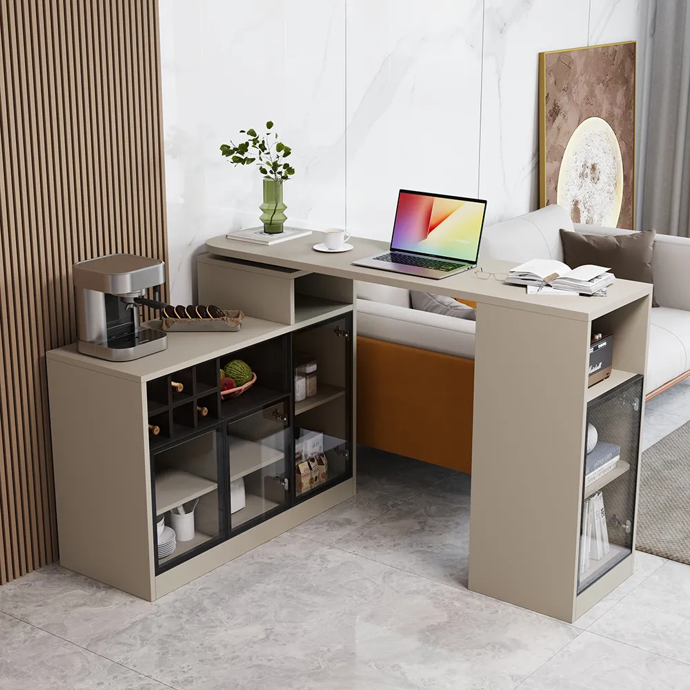 Extendable Sofa Bar Table with Storage Cabinet - Khaki product